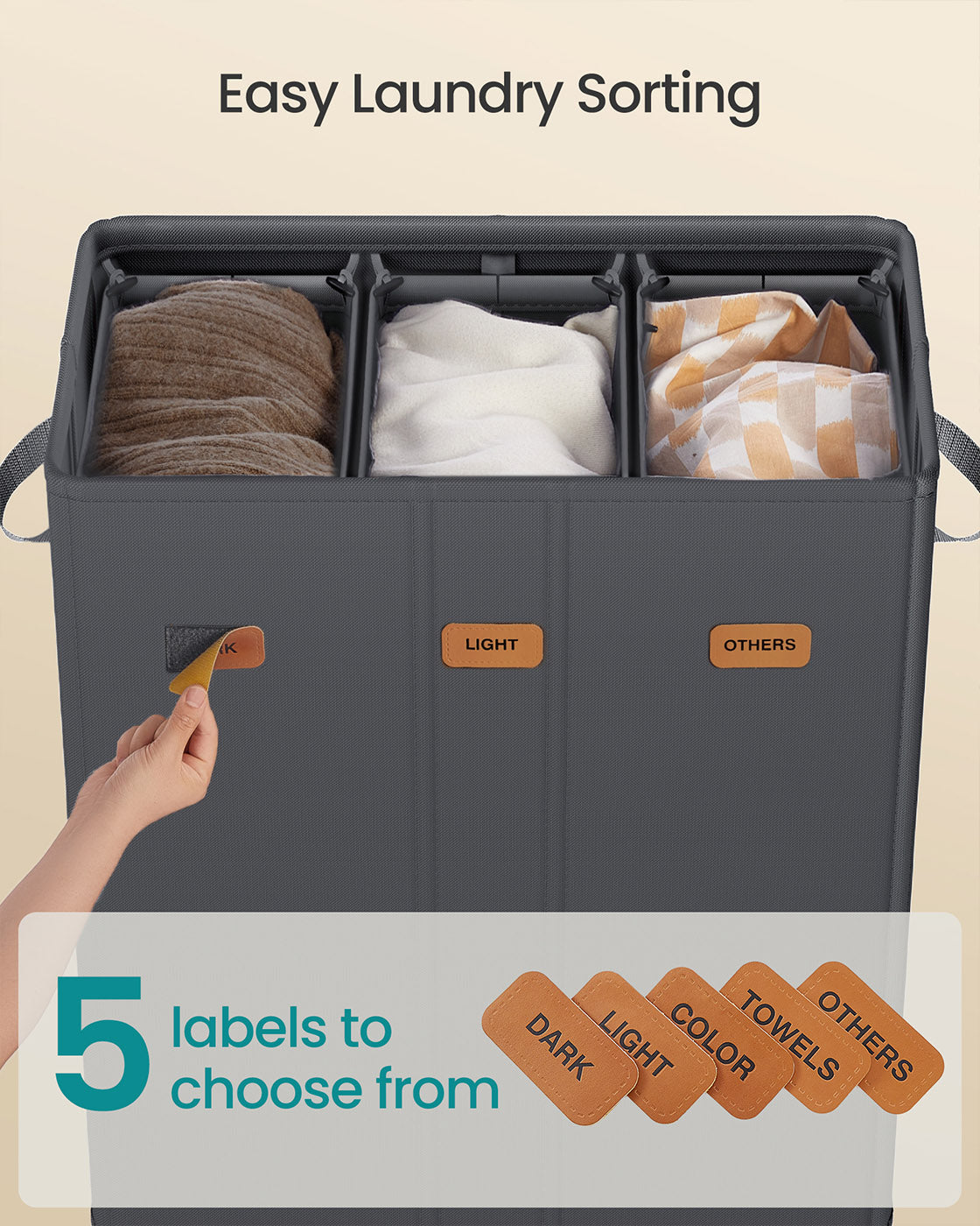 Laundry Basket - Fabric - Ink Black - Three Compartments with Washable Liner and Labels