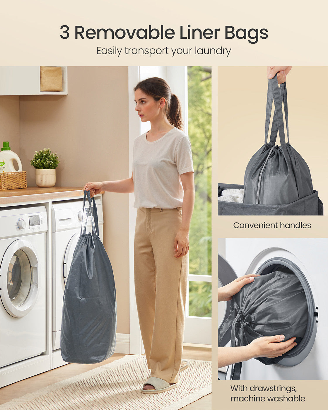 Laundry Basket - Fabric - Ink Black - Three Compartments with Washable Liner and Labels