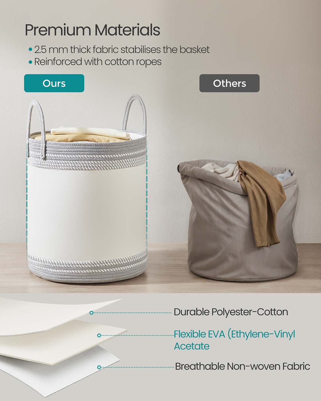Laundry Hamper - Fabric - Dove Grey - 60 L with Lid and Handles