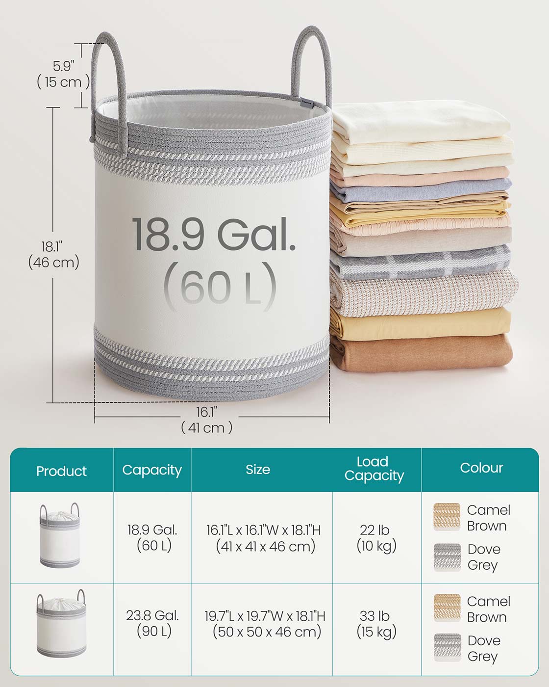 Laundry Hamper - Fabric - Dove Grey - 60 L with Lid and Handles