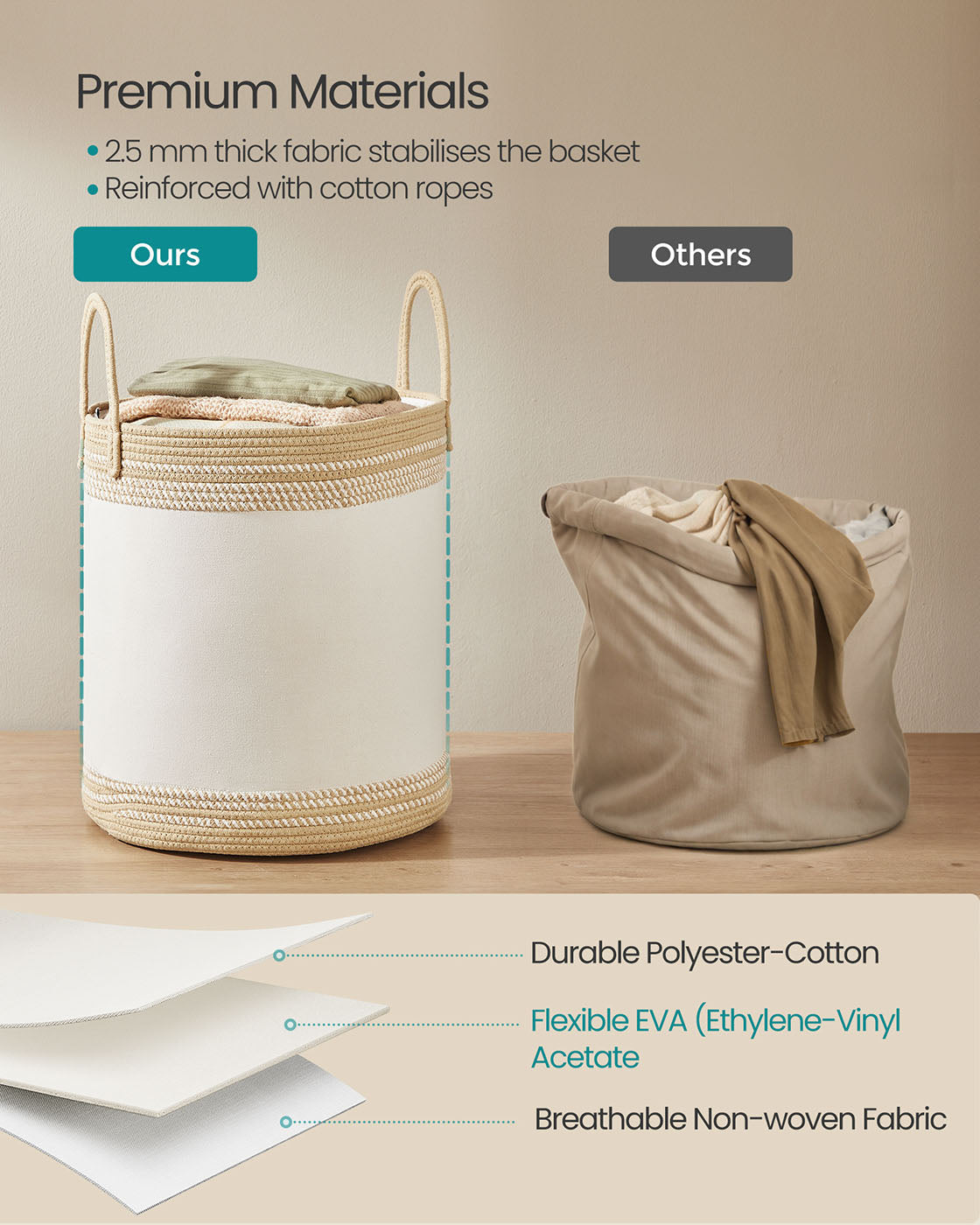 Laundry Hamper - Fabric - Camel Brown - 60 L with Lid and Drawstring Closure