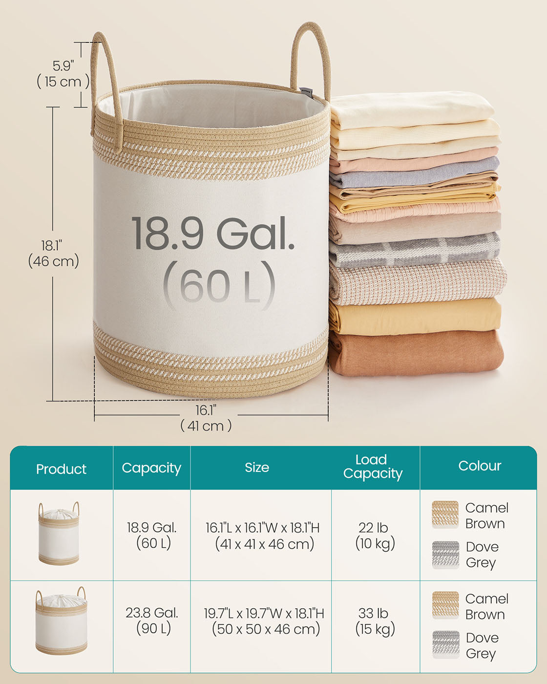 Laundry Hamper - Fabric - Camel Brown - 60 L with Lid and Drawstring Closure