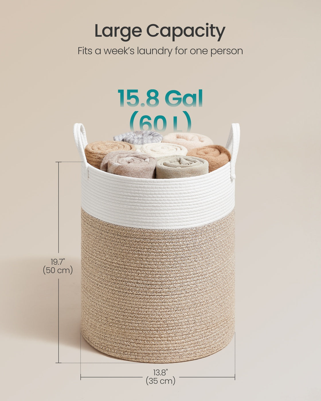Laundry Basket - 60L - Cotton Rope - Handles