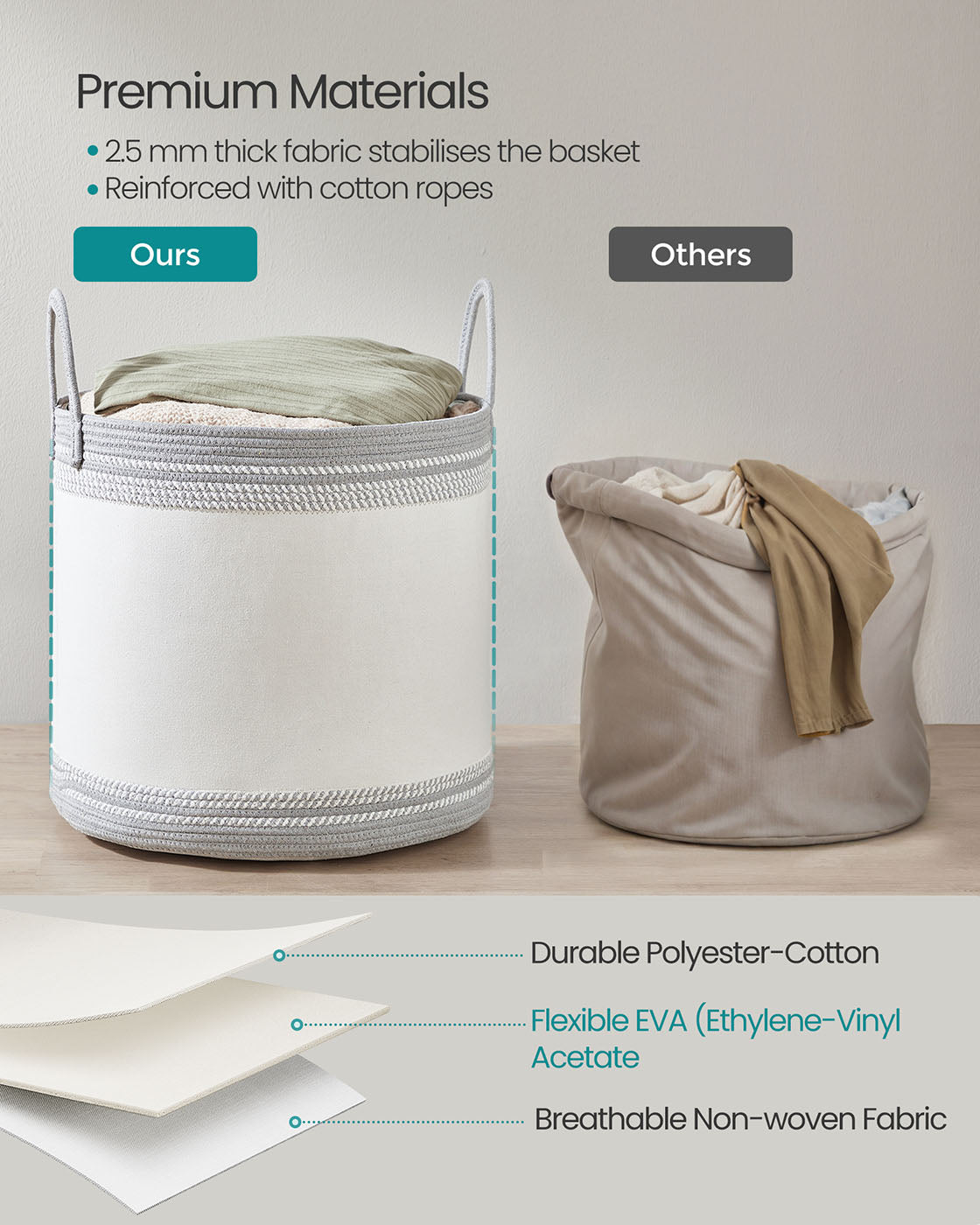 Laundry Hamper - Fabric - Dove Grey - 90 L with Lid and Drawstring
