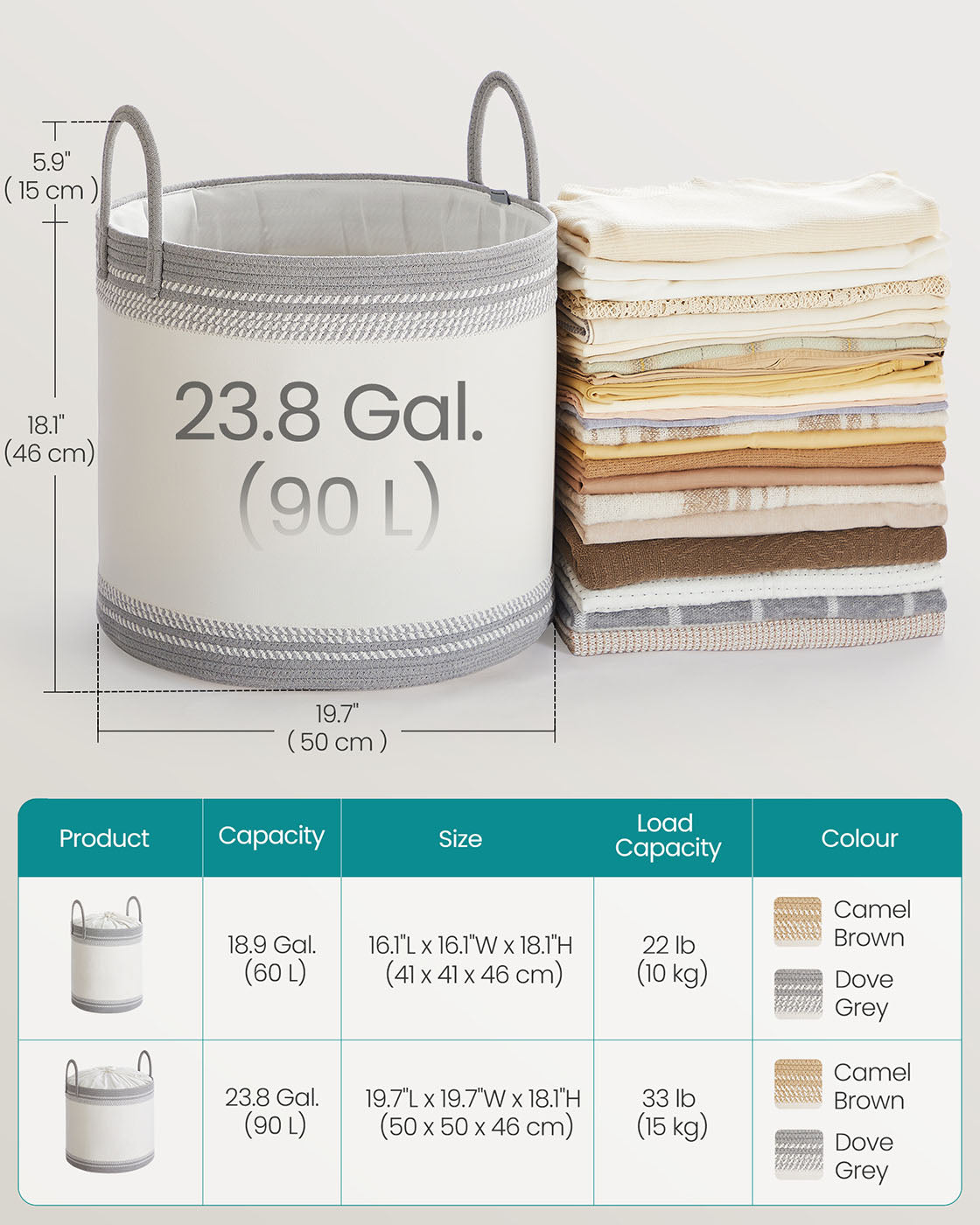 Laundry Hamper - Fabric - Dove Grey - 90 L with Lid and Drawstring