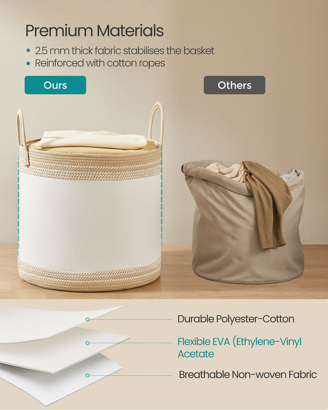 Laundry Hamper - Fabric - Camel Brown - 90 L with Lid and Drawstring Closure