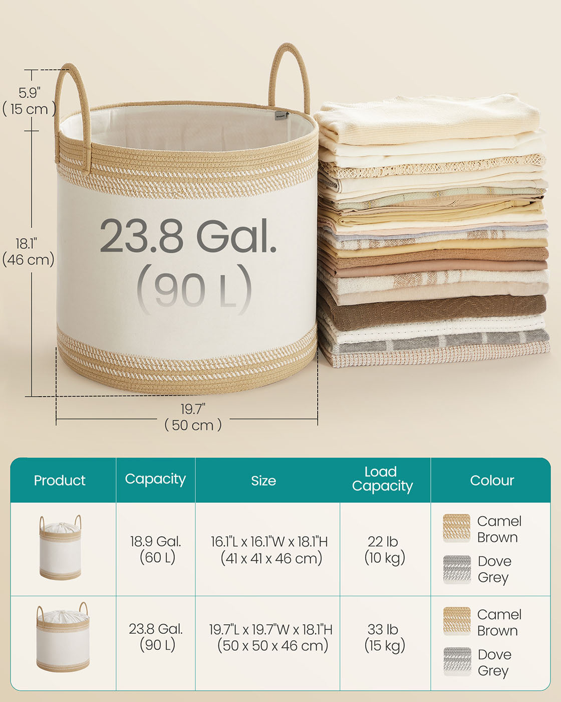 Laundry Hamper - Fabric - Camel Brown - 90 L with Lid and Drawstring Closure