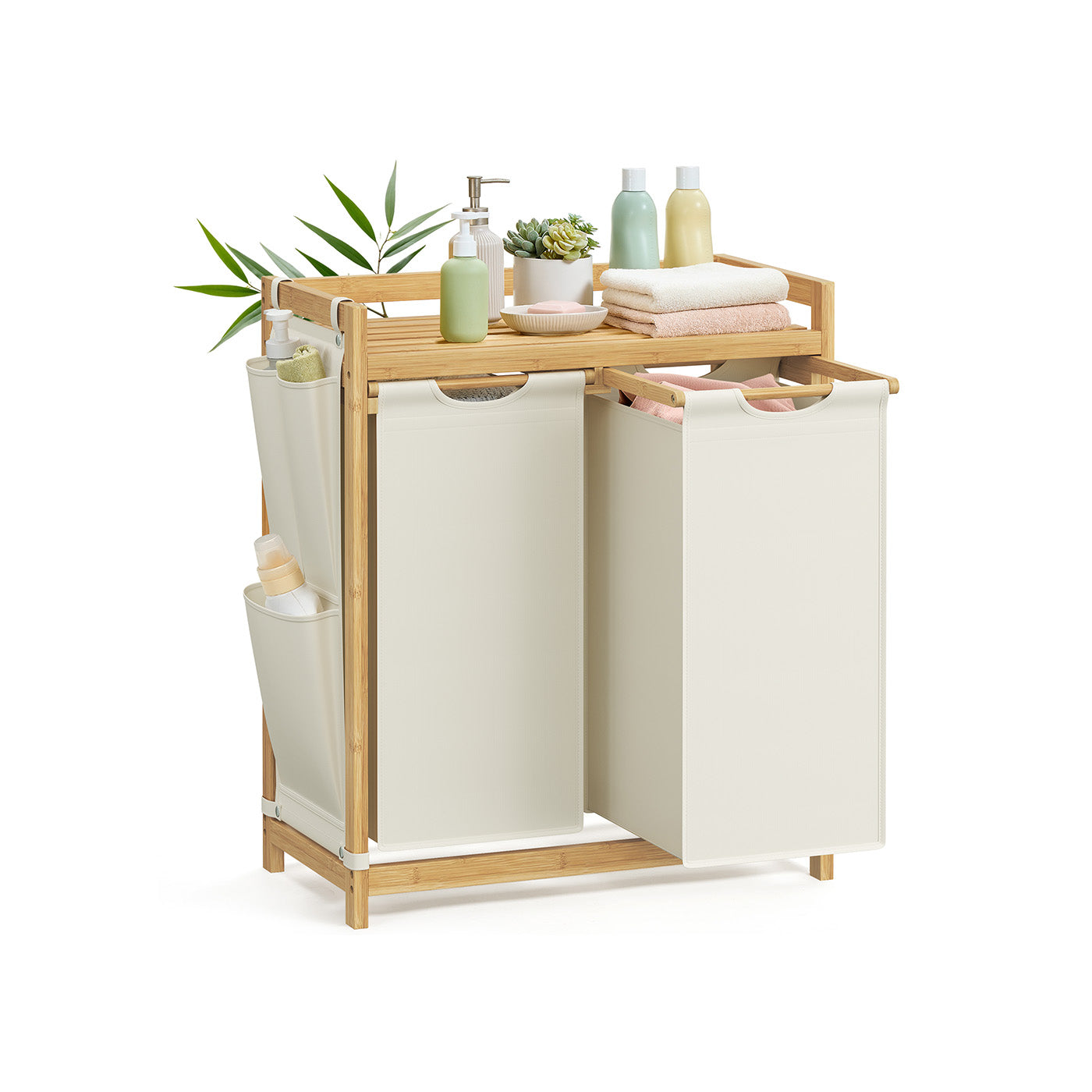 Laundry Basket - Fabric - Cream White - Double Compartment with Shelf and Side Pockets