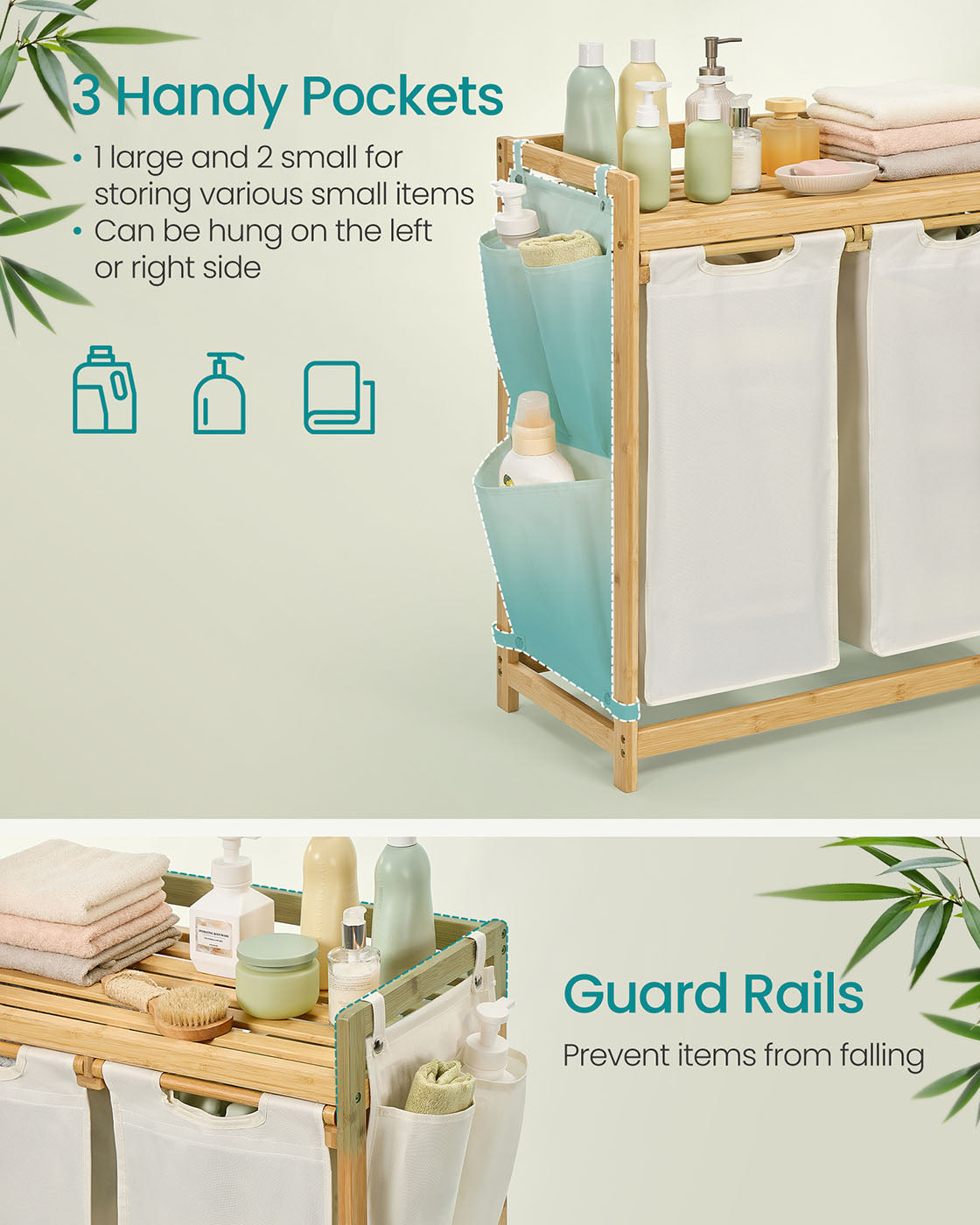 Laundry Basket - Fabric - Cream White - Double Compartment with Shelf and Side Pockets