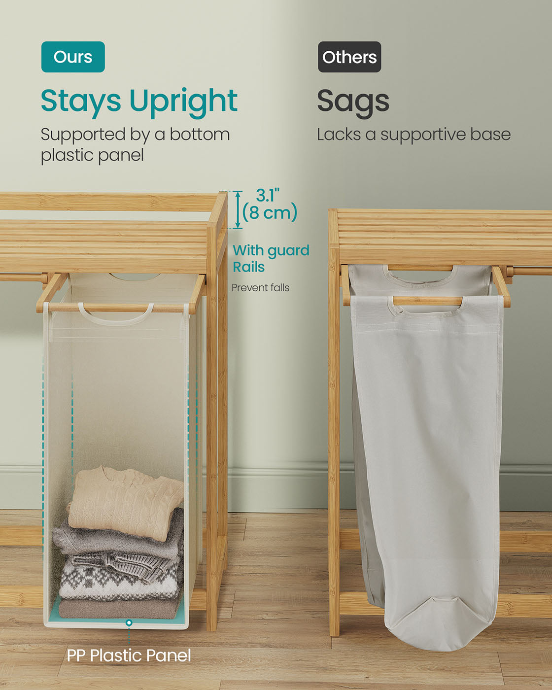 Laundry Basket - Fabric - Cream White - Double Compartment with Shelf and Side Pockets