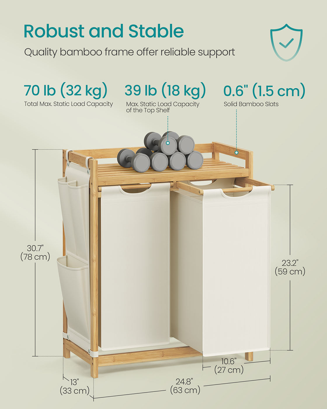 Laundry Basket - Fabric - Cream White - Double Compartment with Shelf and Side Pockets