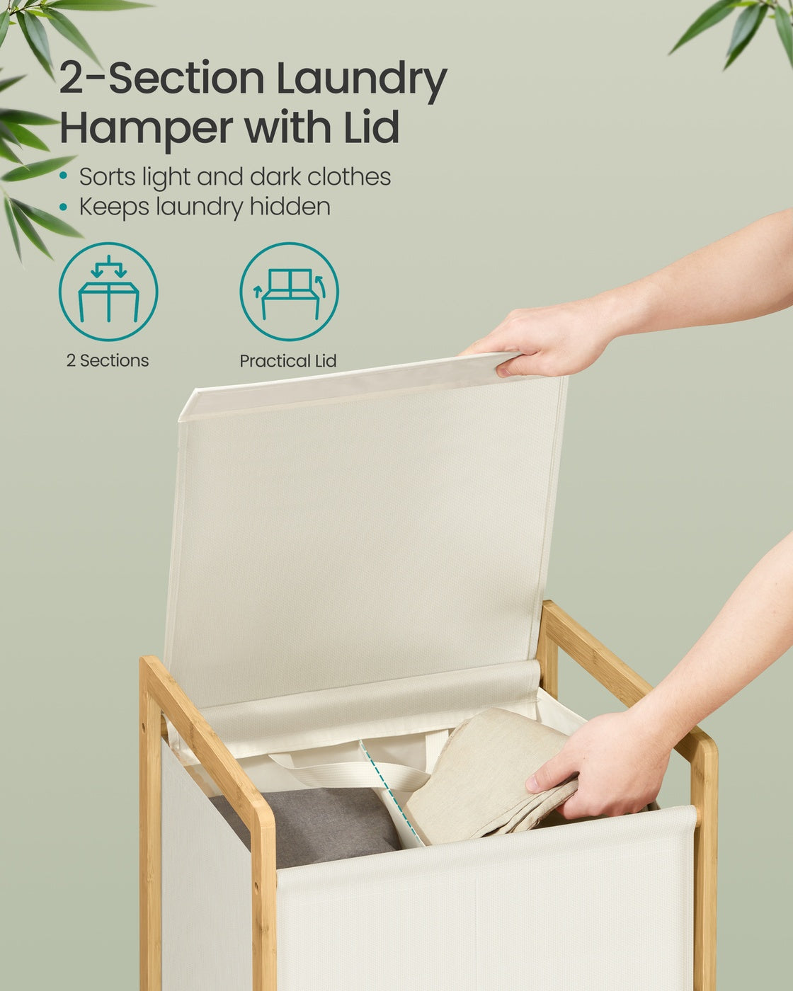 2-Compartment Laundry Basket - 100L - Bamboo Frame - Reinforced Lid