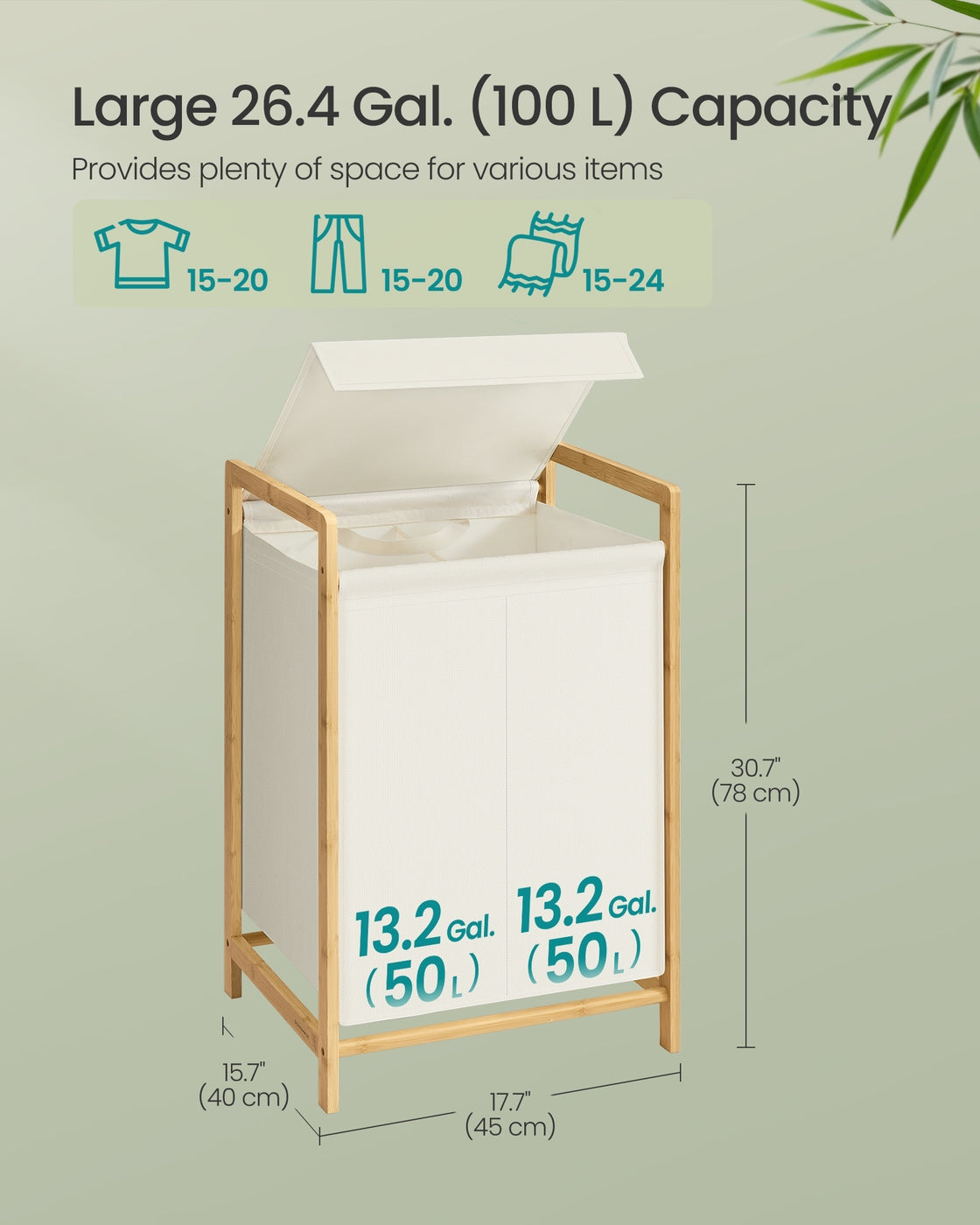 2-Compartment Laundry Basket - 100L - Bamboo Frame - Reinforced Lid