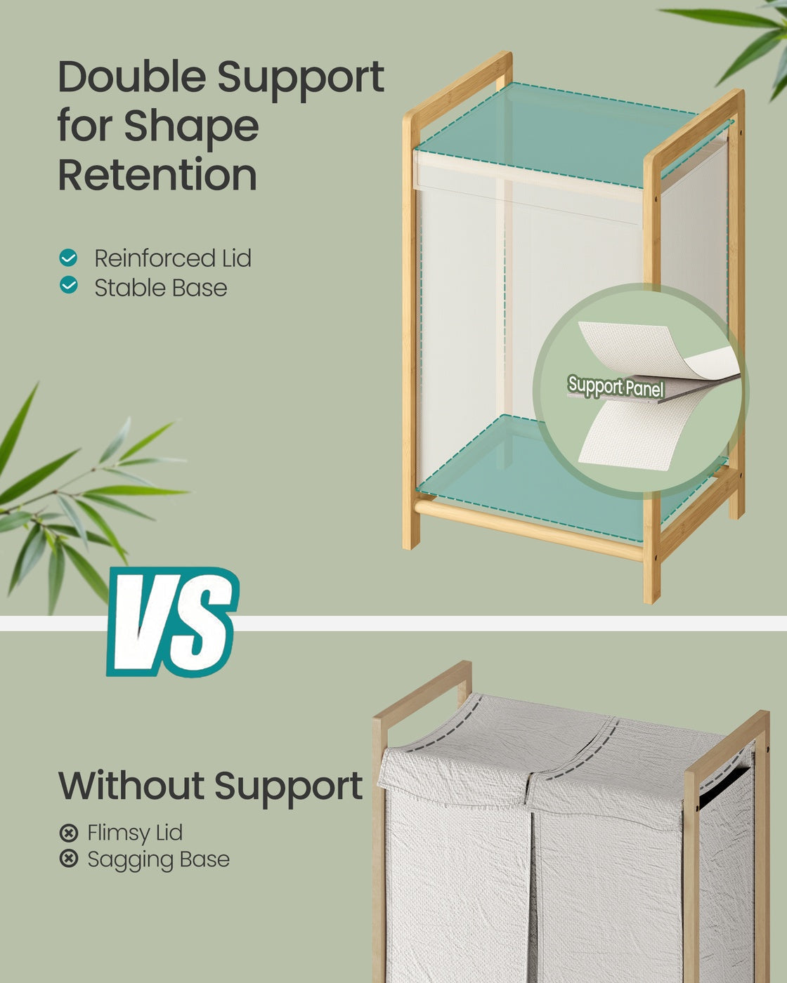 2-Compartment Laundry Basket - 100L - Bamboo Frame - Reinforced Lid