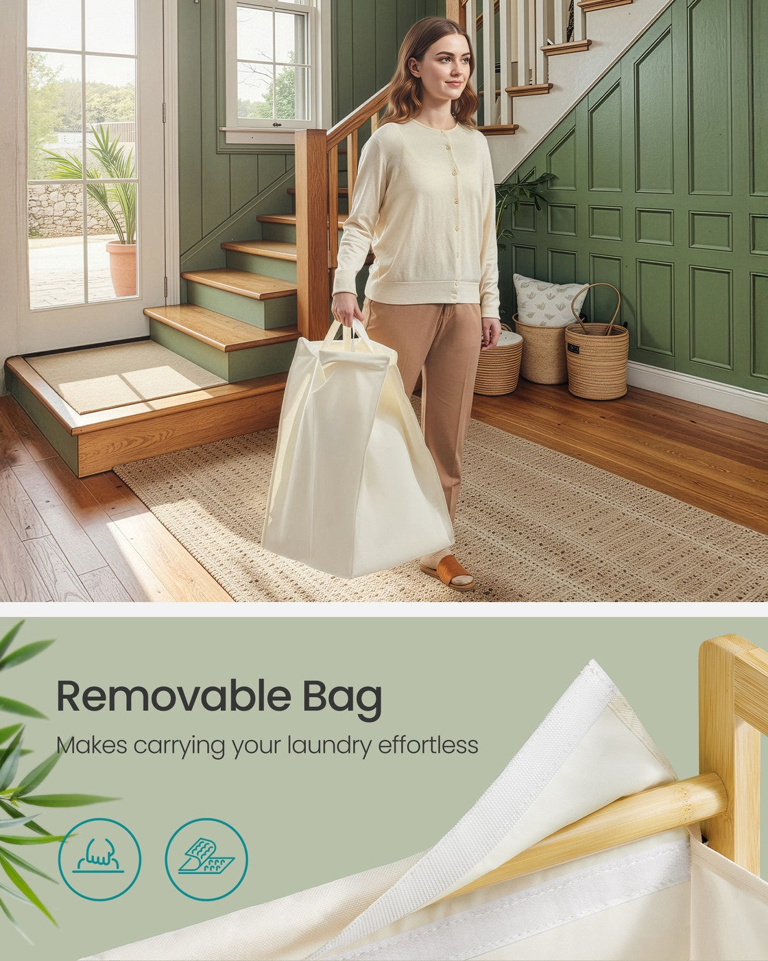 2-Compartment Laundry Basket - 100L - Bamboo Frame - Reinforced Lid