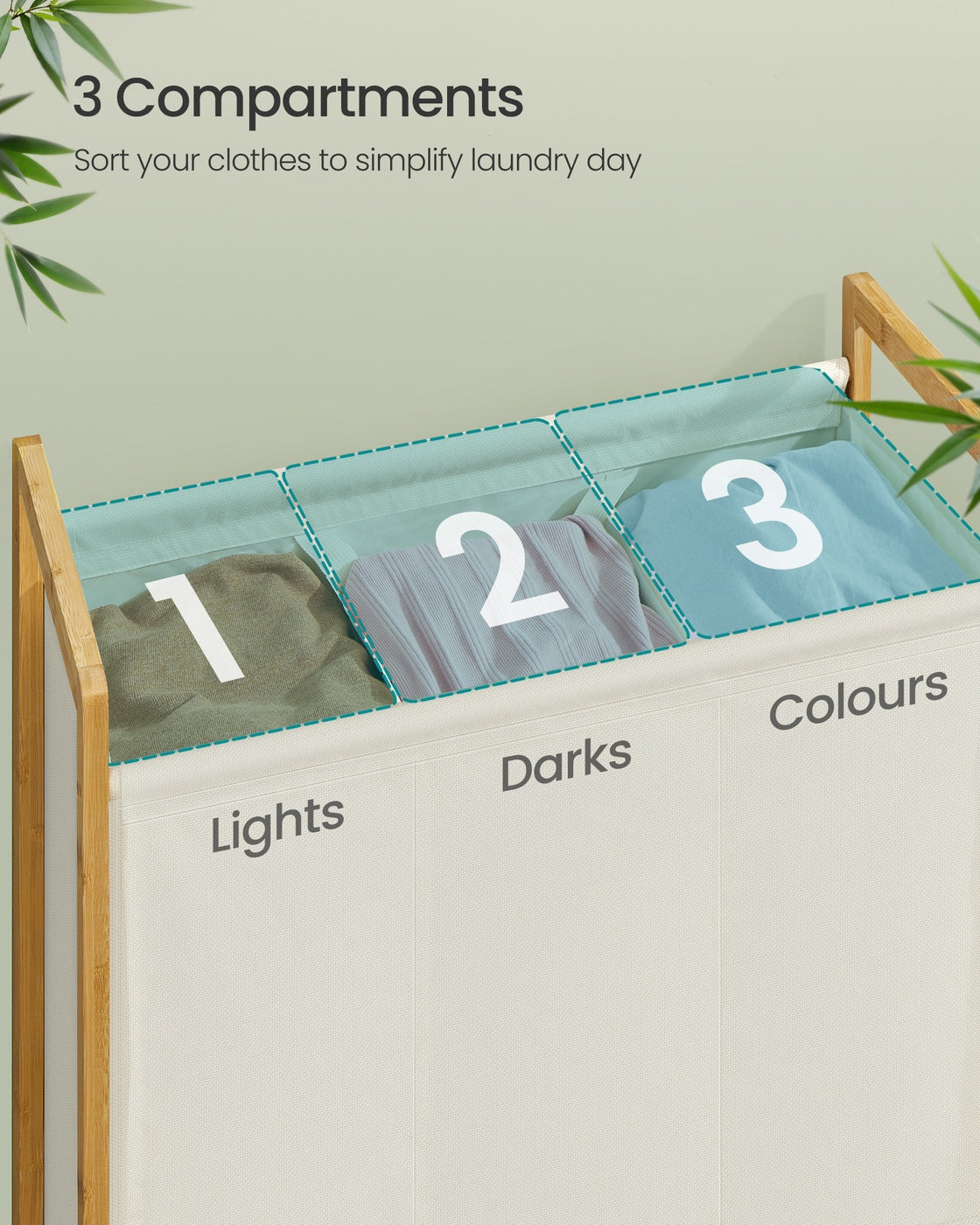 3-Compartment Laundry Basket - 150L - Bamboo Frame - Reinforced Lid