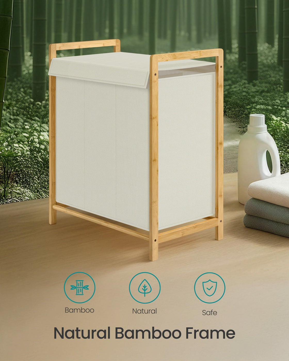 3-Compartment Laundry Basket - 150L - Bamboo Frame - Reinforced Lid