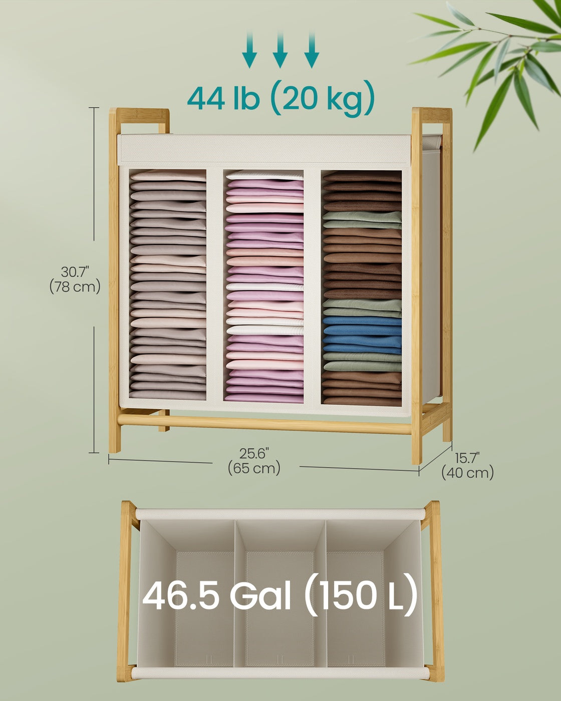 3-Compartment Laundry Basket - 150L - Bamboo Frame - Reinforced Lid