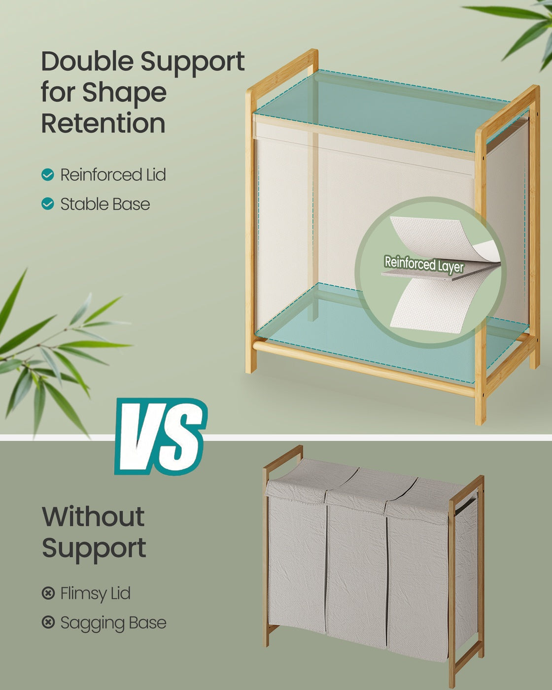 3-Compartment Laundry Basket - 150L - Bamboo Frame - Reinforced Lid