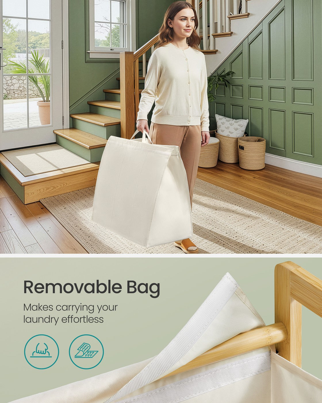 3-Compartment Laundry Basket - 150L - Bamboo Frame - Reinforced Lid