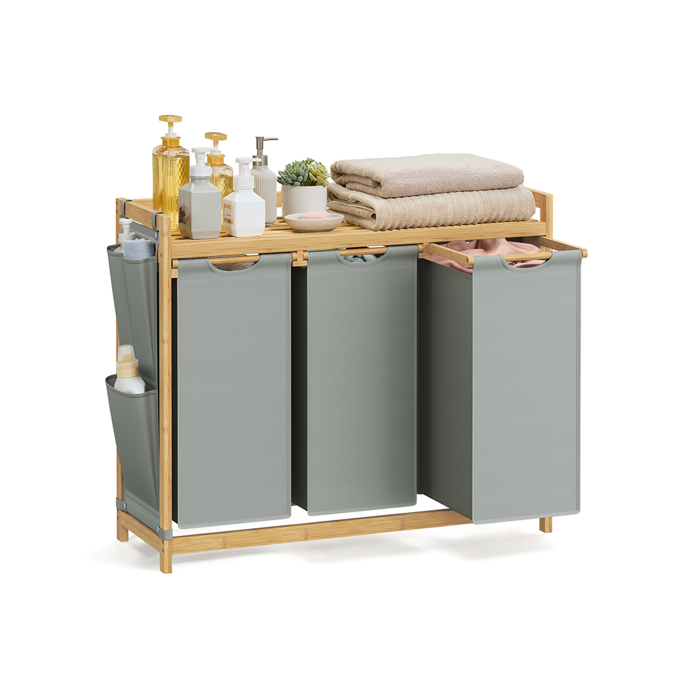 Laundry Basket - Fabric - Dove Grey - 3-Compartment with Shelf & Pockets