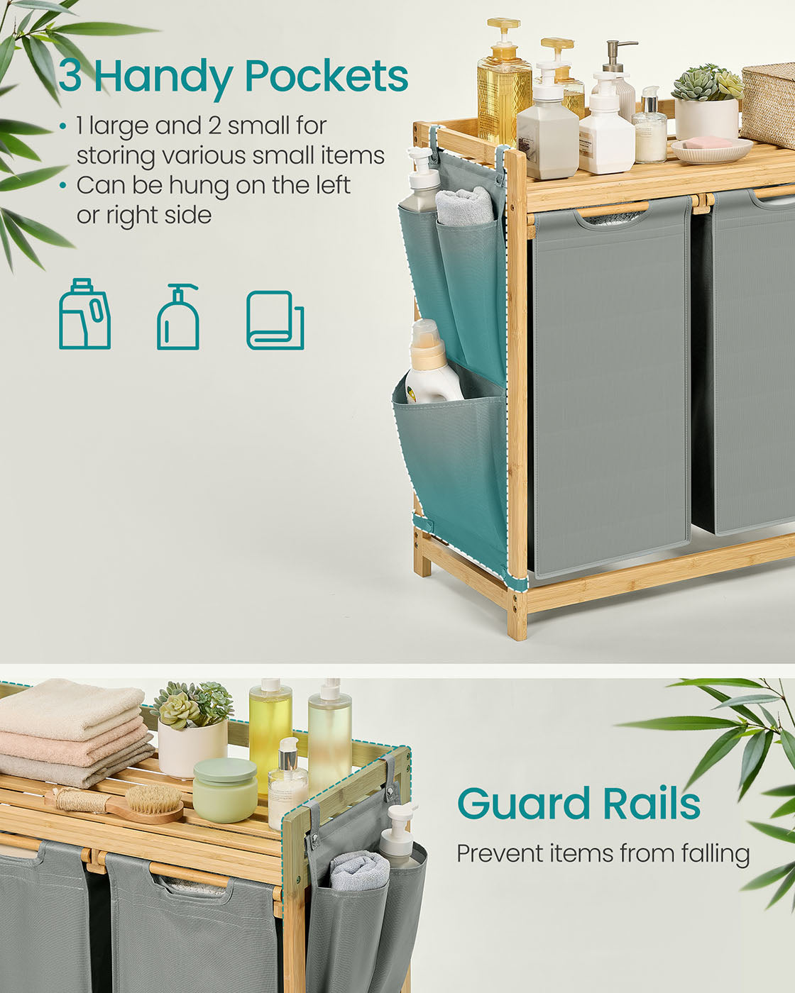 Laundry Basket - Fabric - Dove Grey - 3-Compartment with Shelf & Pockets