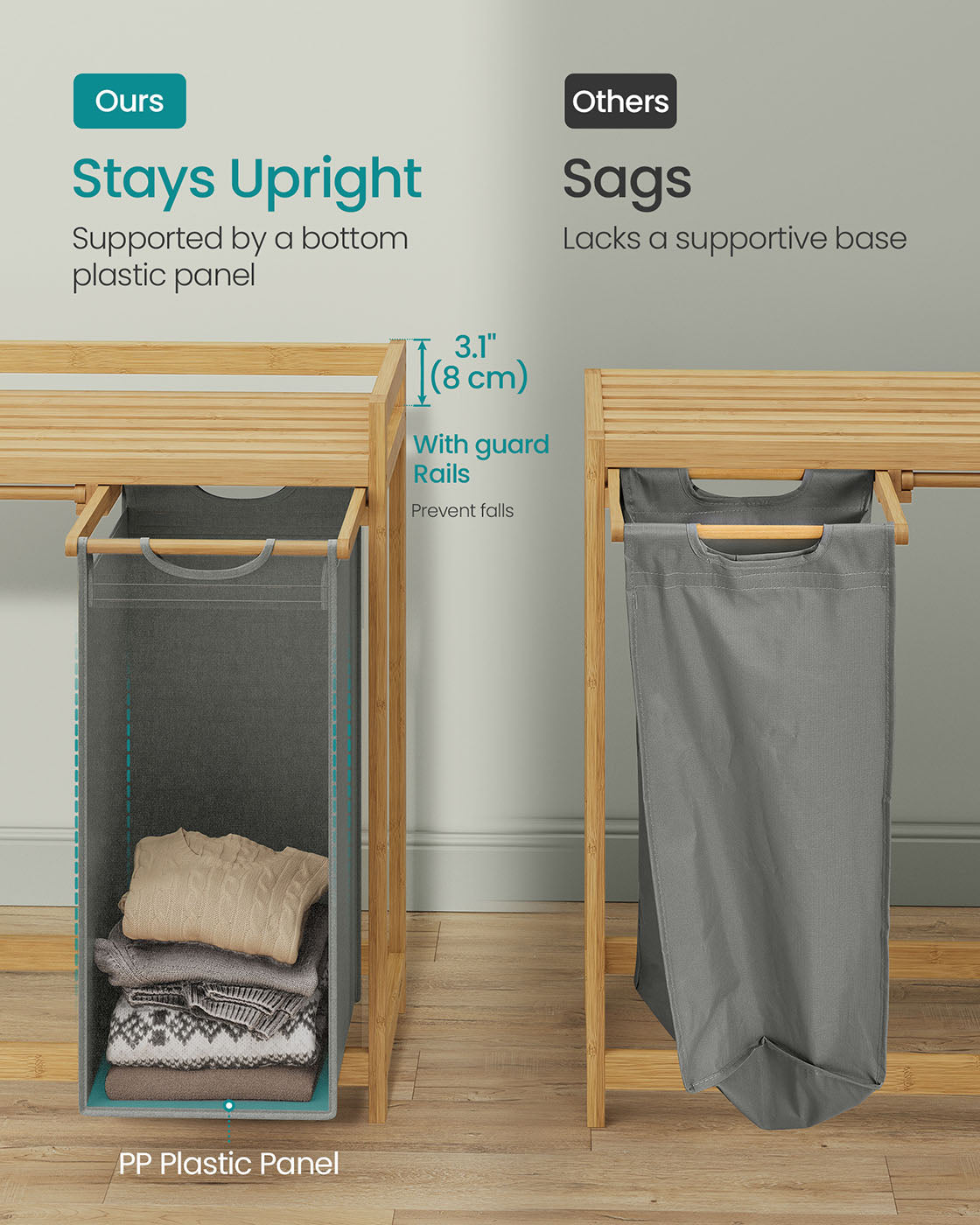 Laundry Basket - Fabric - Dove Grey - 3-Compartment with Shelf & Pockets