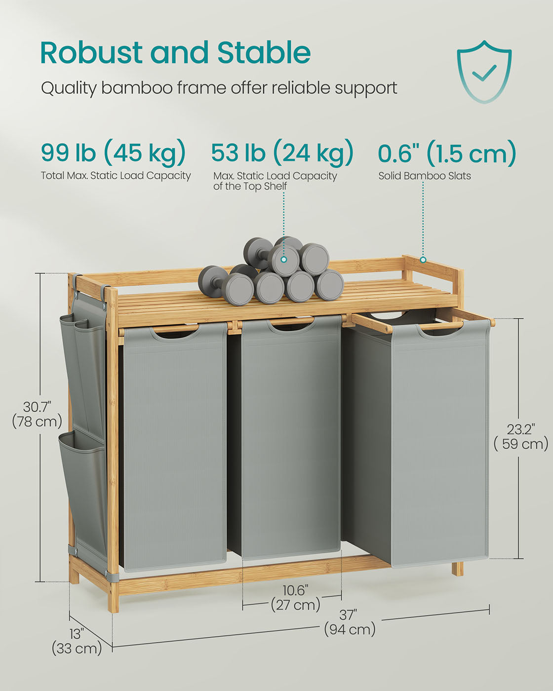 Laundry Basket - Fabric - Dove Grey - 3-Compartment with Shelf & Pockets