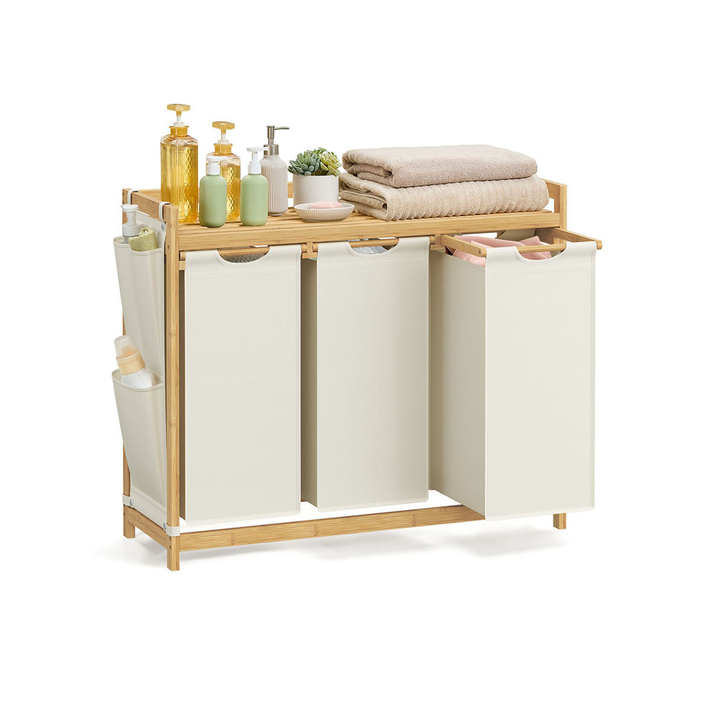 3-Compartment Laundry Hamper - Fabric - Cream White - 150L Capacity with Shelf and Side Pockets