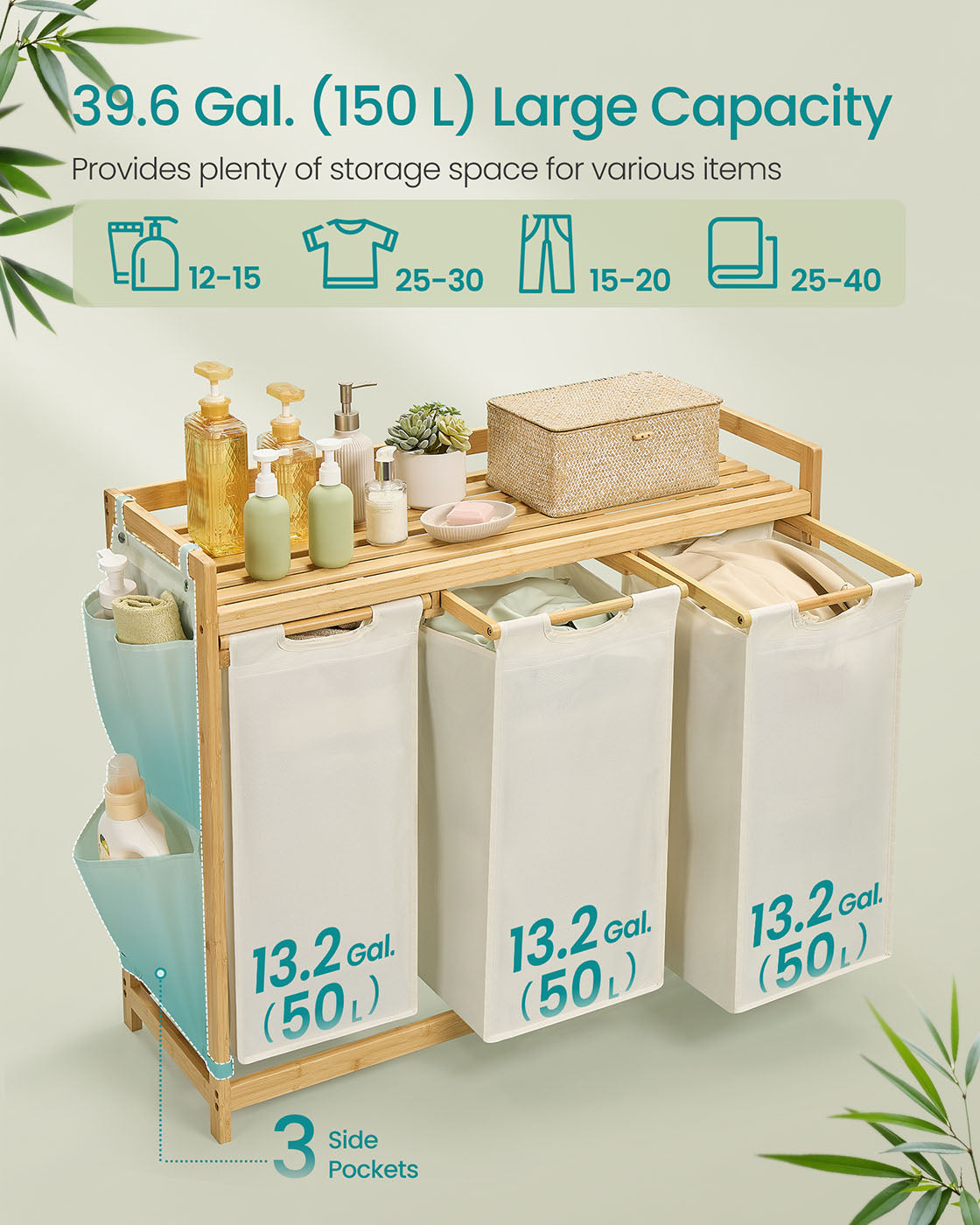 3-Compartment Laundry Hamper - Fabric - Cream White - 150L Capacity with Shelf and Side Pockets