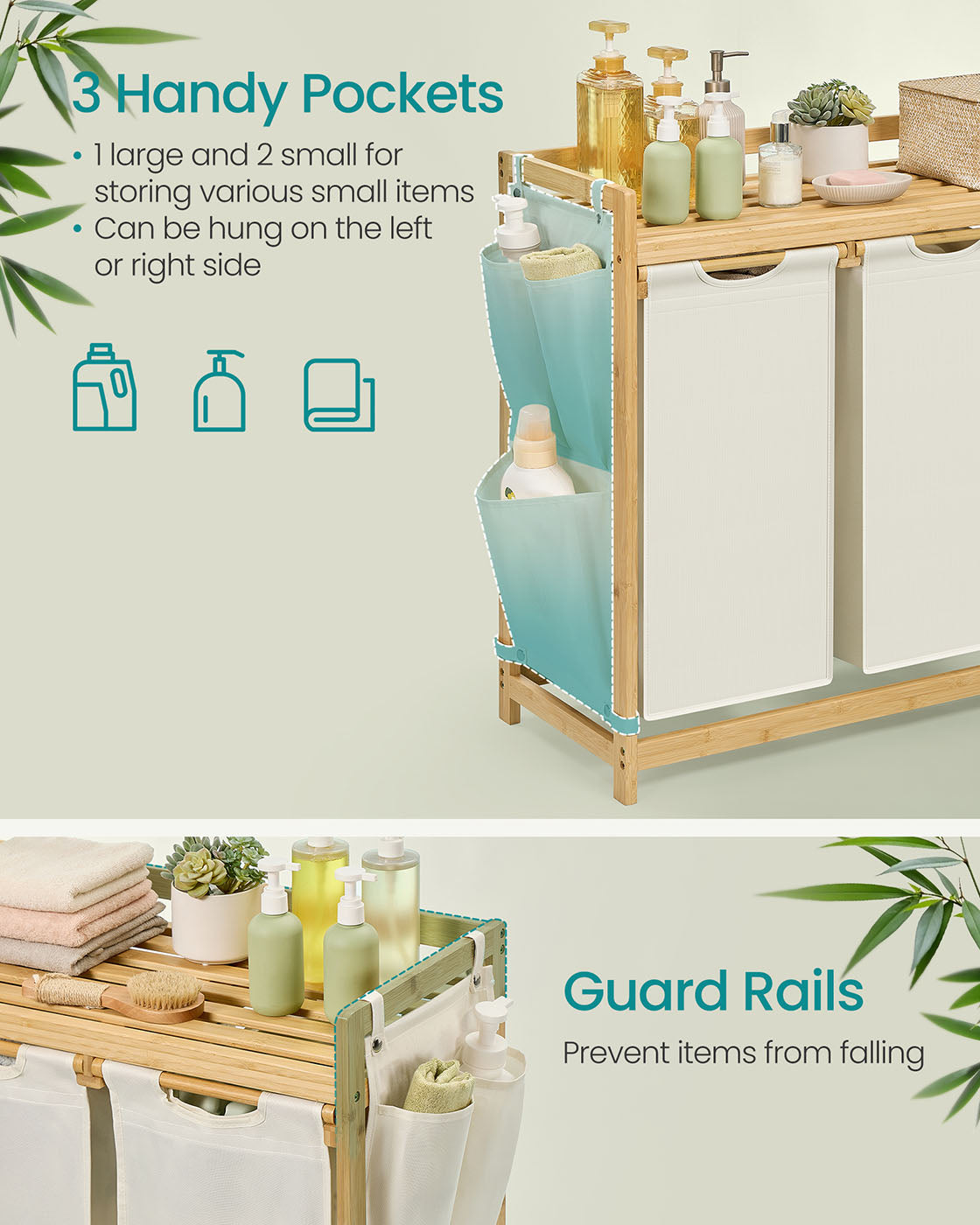 3-Compartment Laundry Hamper - Fabric - Cream White - 150L Capacity with Shelf and Side Pockets