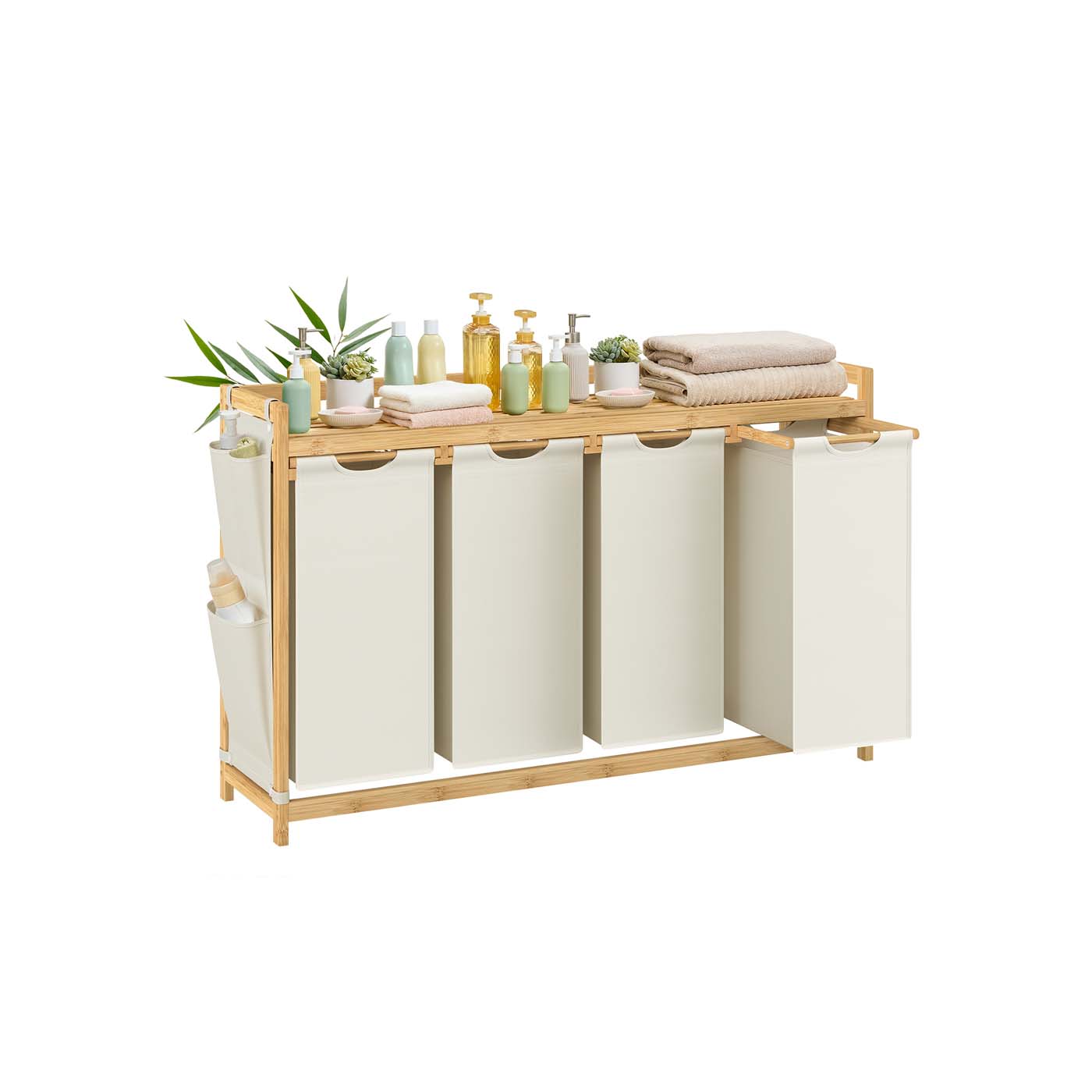 4-Compartment Laundry Basket - Fabric - Cream White - With Shelf and Side Pockets