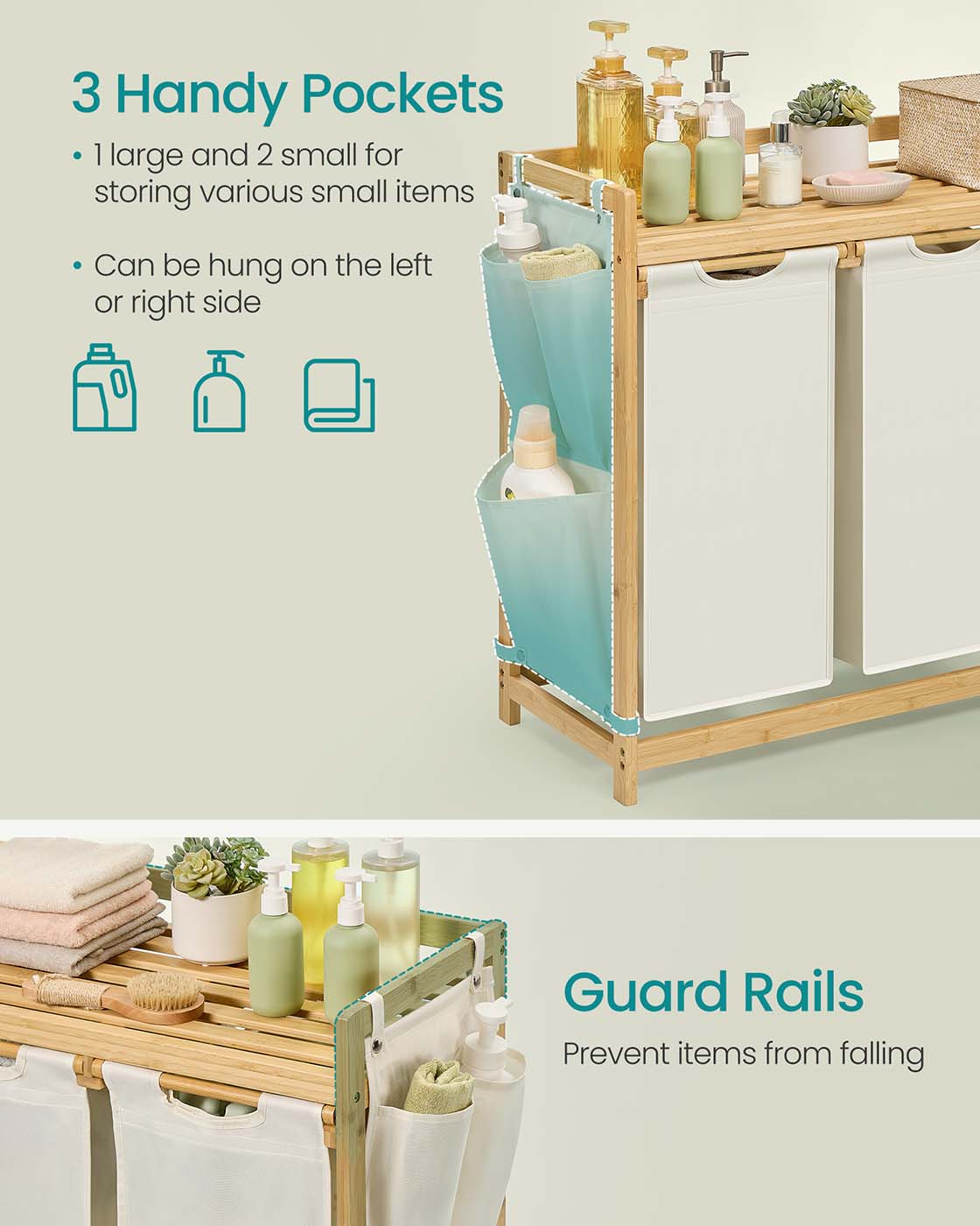 4-Compartment Laundry Basket - Fabric - Cream White - With Shelf and Side Pockets