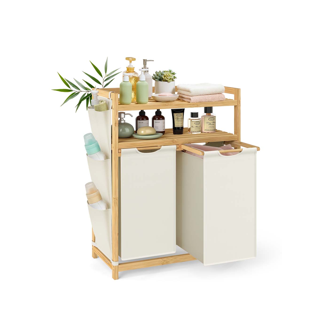 Laundry Hamper - Fabric - Cream White - Multiple Compartments with Shelf and Side Pockets