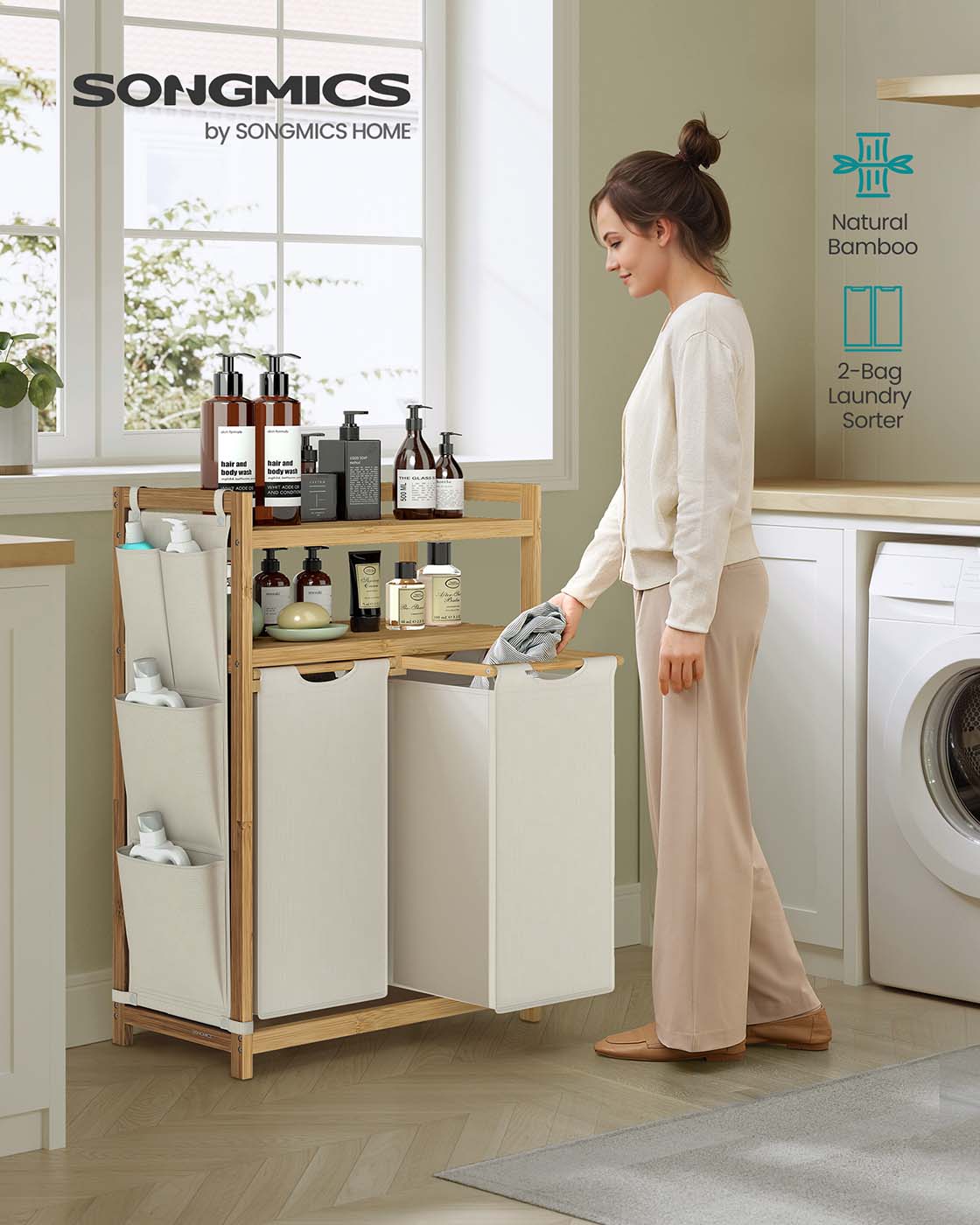Laundry Hamper - Fabric - Cream White - Multiple Compartments with Shelf and Side Pockets