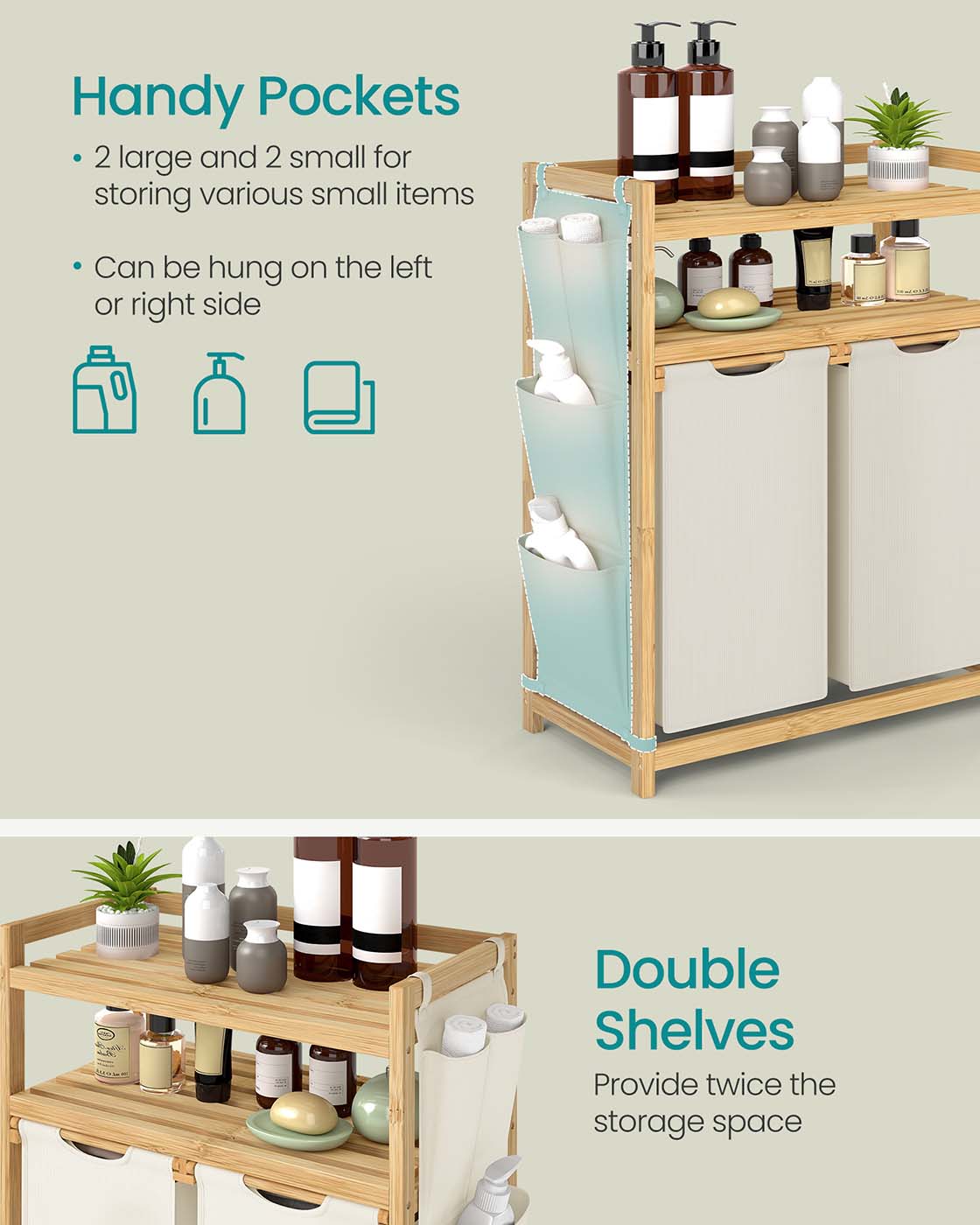 Laundry Hamper - Fabric - Cream White - Multiple Compartments with Shelf and Side Pockets
