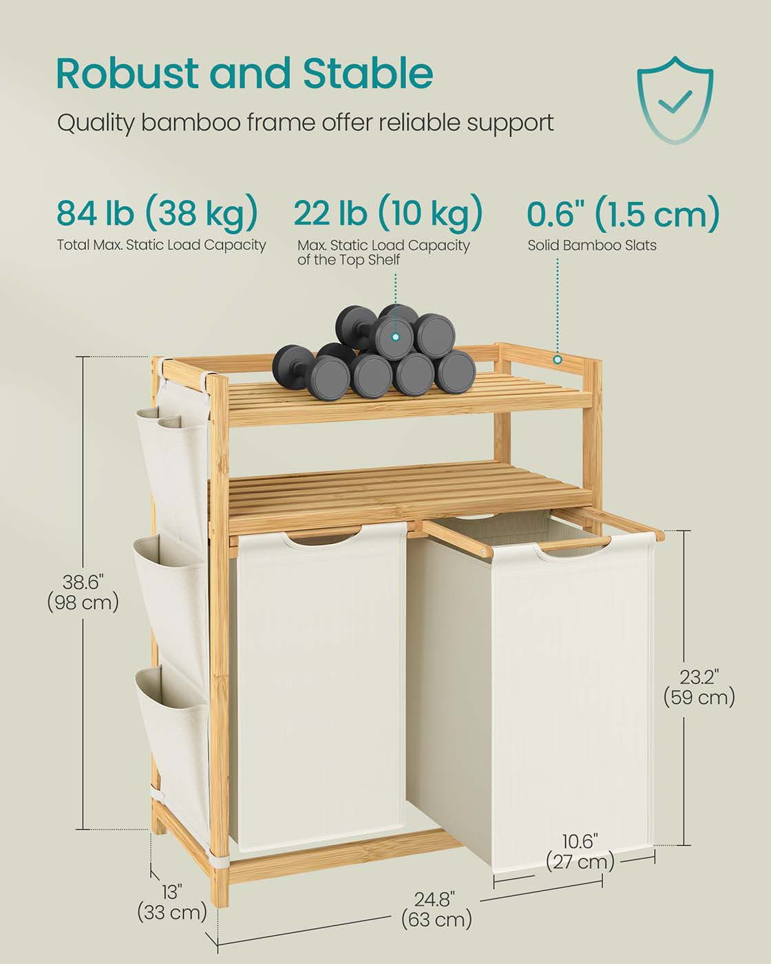 Laundry Hamper - Fabric - Cream White - Multiple Compartments with Shelf and Side Pockets
