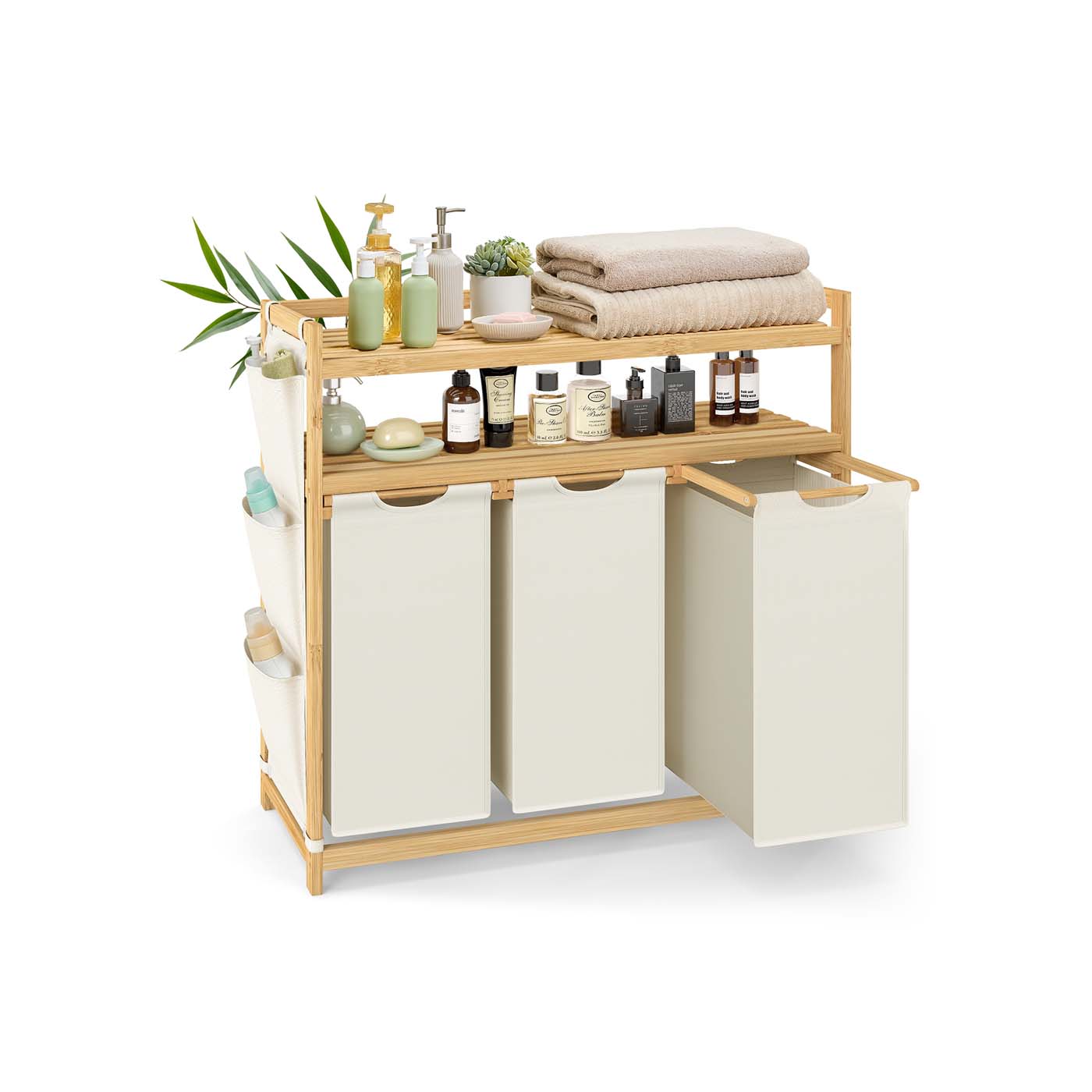 Laundry Hamper - Fabric - Cream White - Multiple Compartments with Shelf and Side Pockets
