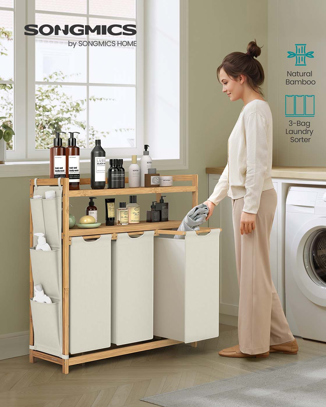 Laundry Hamper - Fabric - Cream White - Multiple Compartments with Shelf and Side Pockets