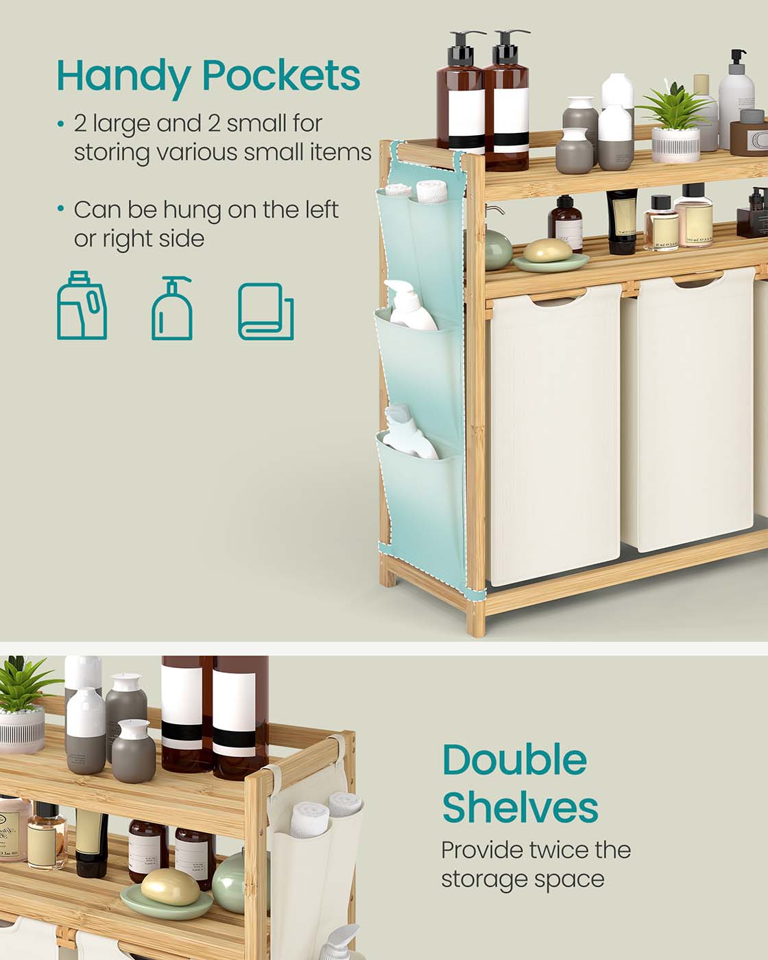 Laundry Hamper - Fabric - Cream White - Multiple Compartments with Shelf and Side Pockets