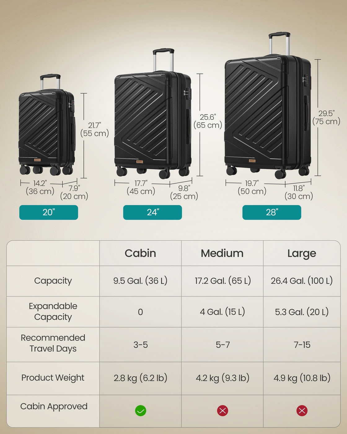 Hard Shell Suitcase Cabin TSA Lock Spinner Wheels - ABS Plastic and PA Plastic - Ink Black