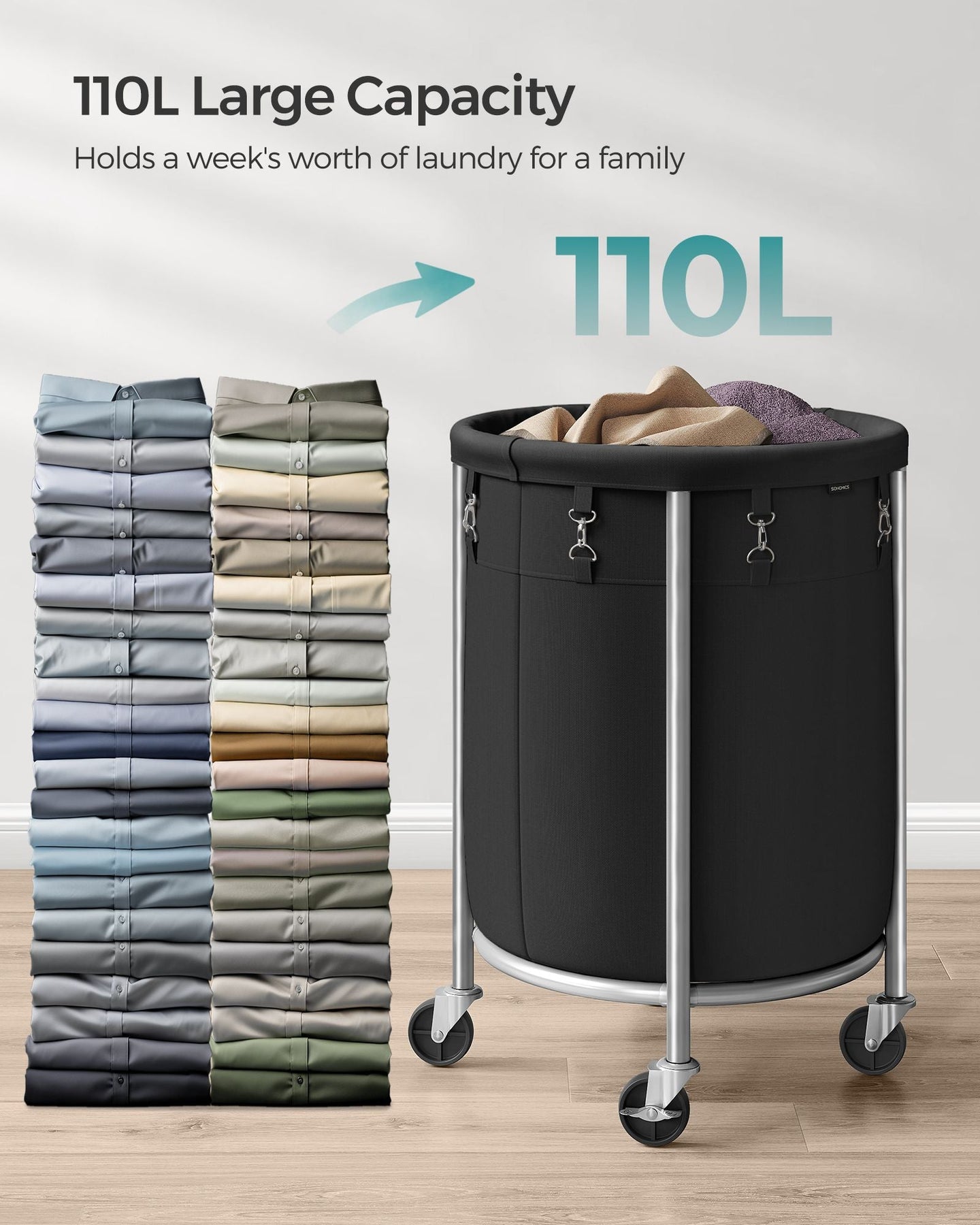 Round Laundry Hamper - Steel Frame - Grey - Removable Bag with Wheels