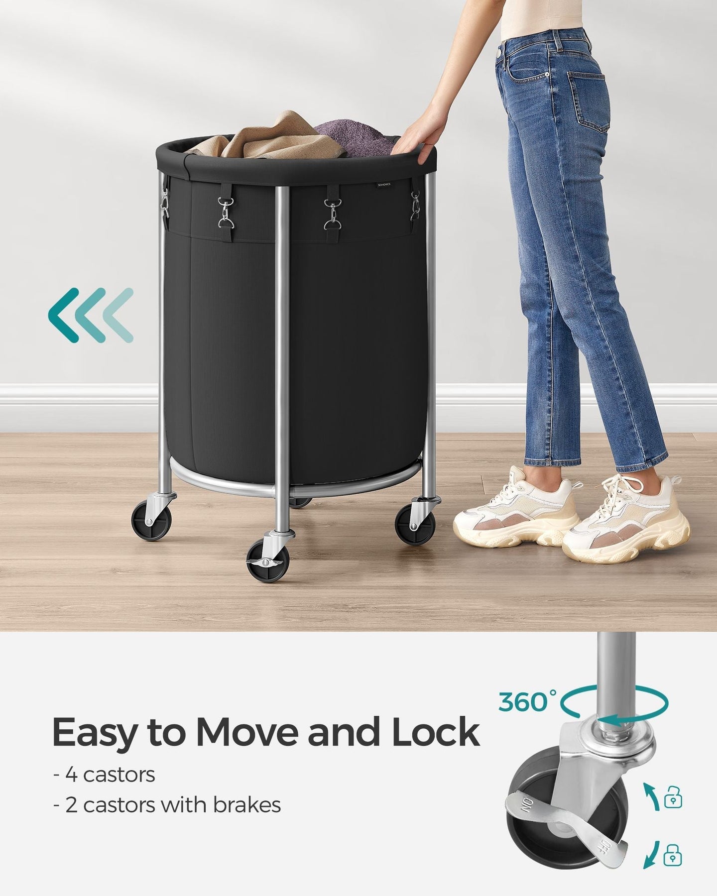 Round Laundry Hamper - Steel Frame - Grey - Removable Bag with Wheels