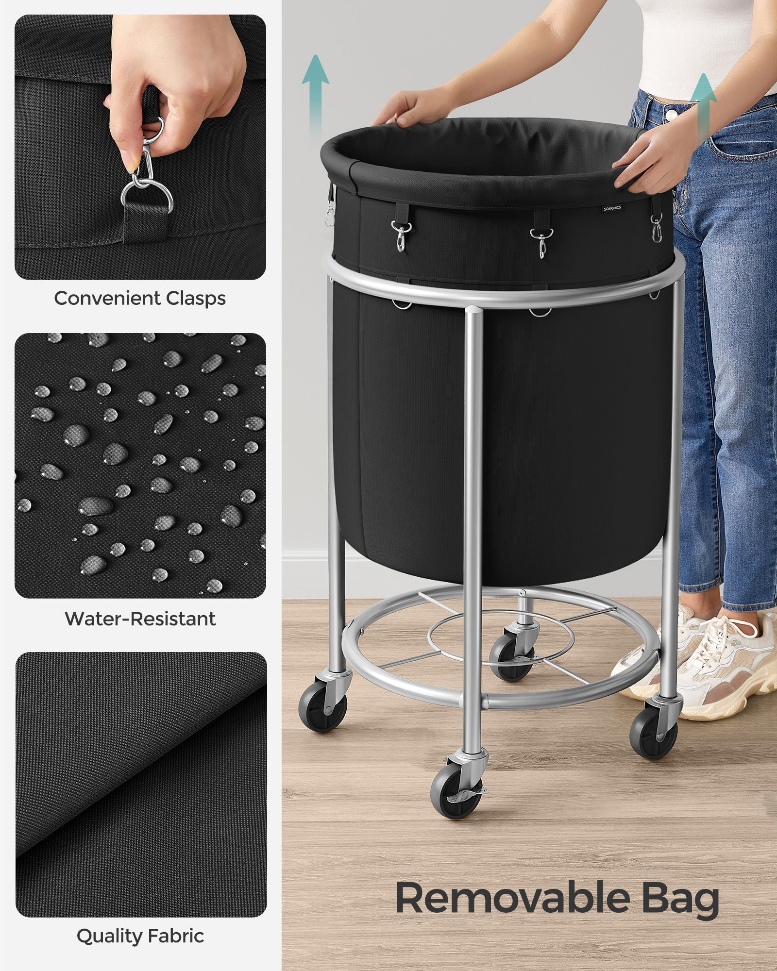 Round Laundry Hamper - Steel Frame - Grey - Removable Bag with Wheels