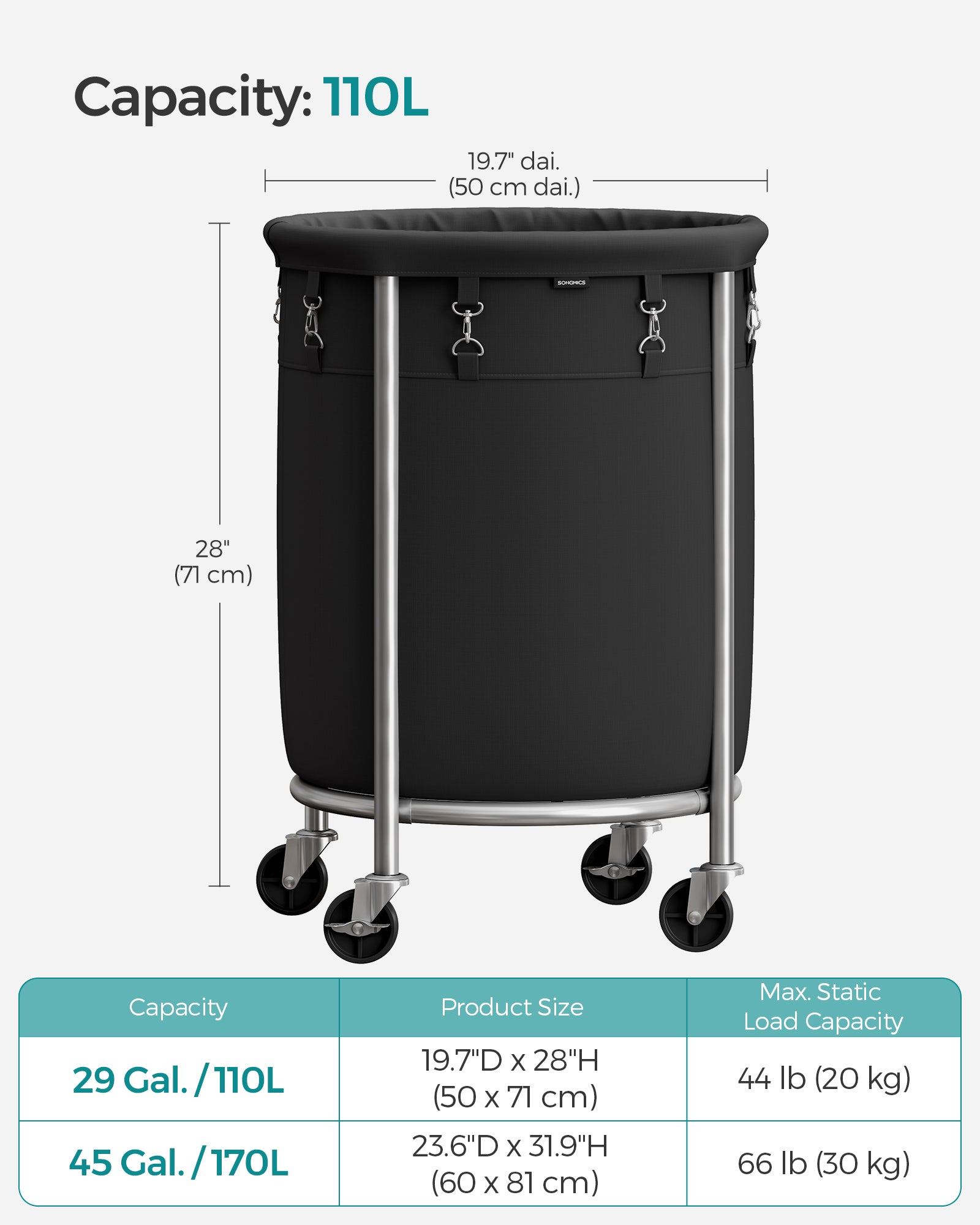 Round Laundry Hamper - Steel Frame - Grey - Removable Bag with Wheels