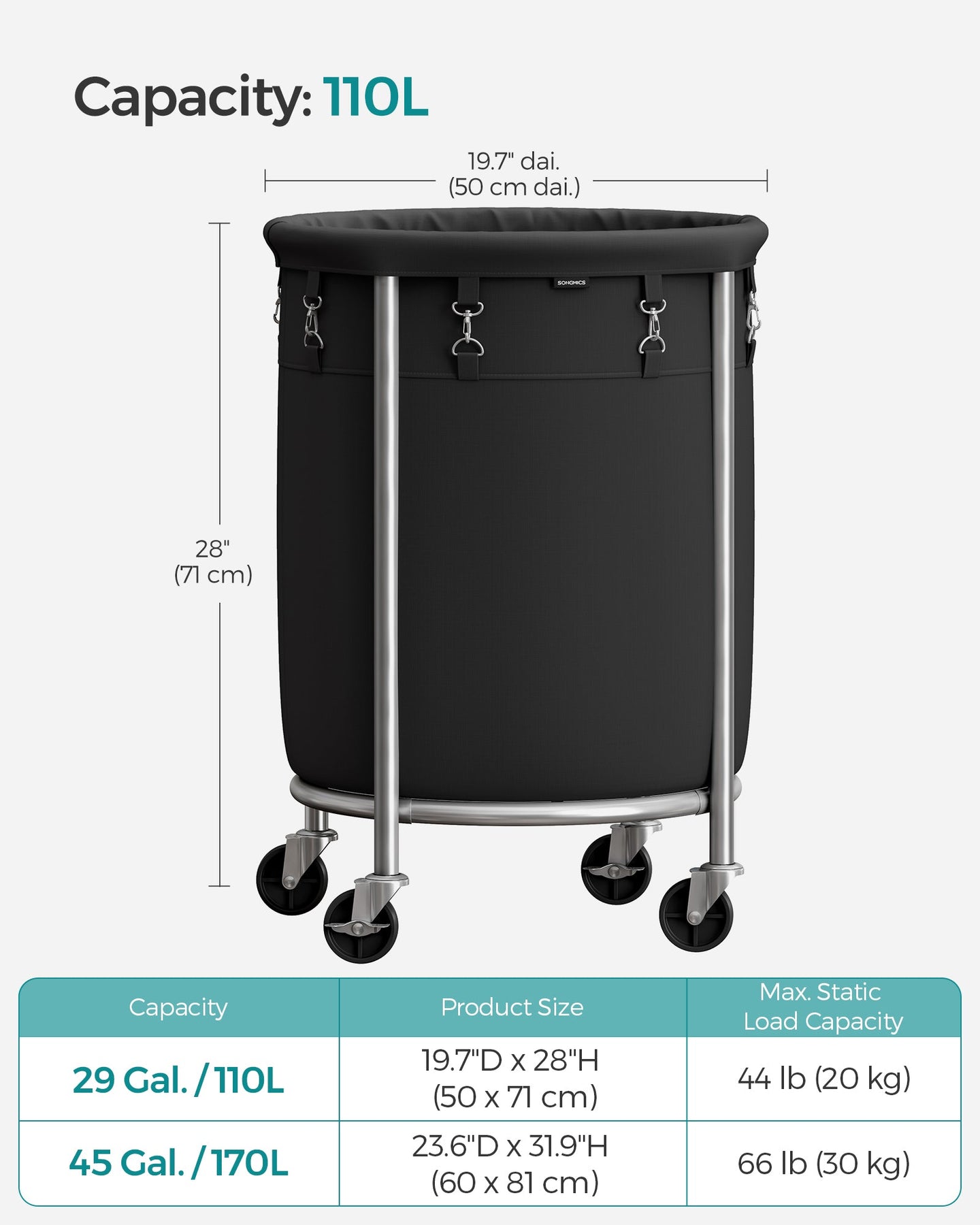 Round Laundry Hamper - Steel Frame - Grey - Removable Bag with Wheels