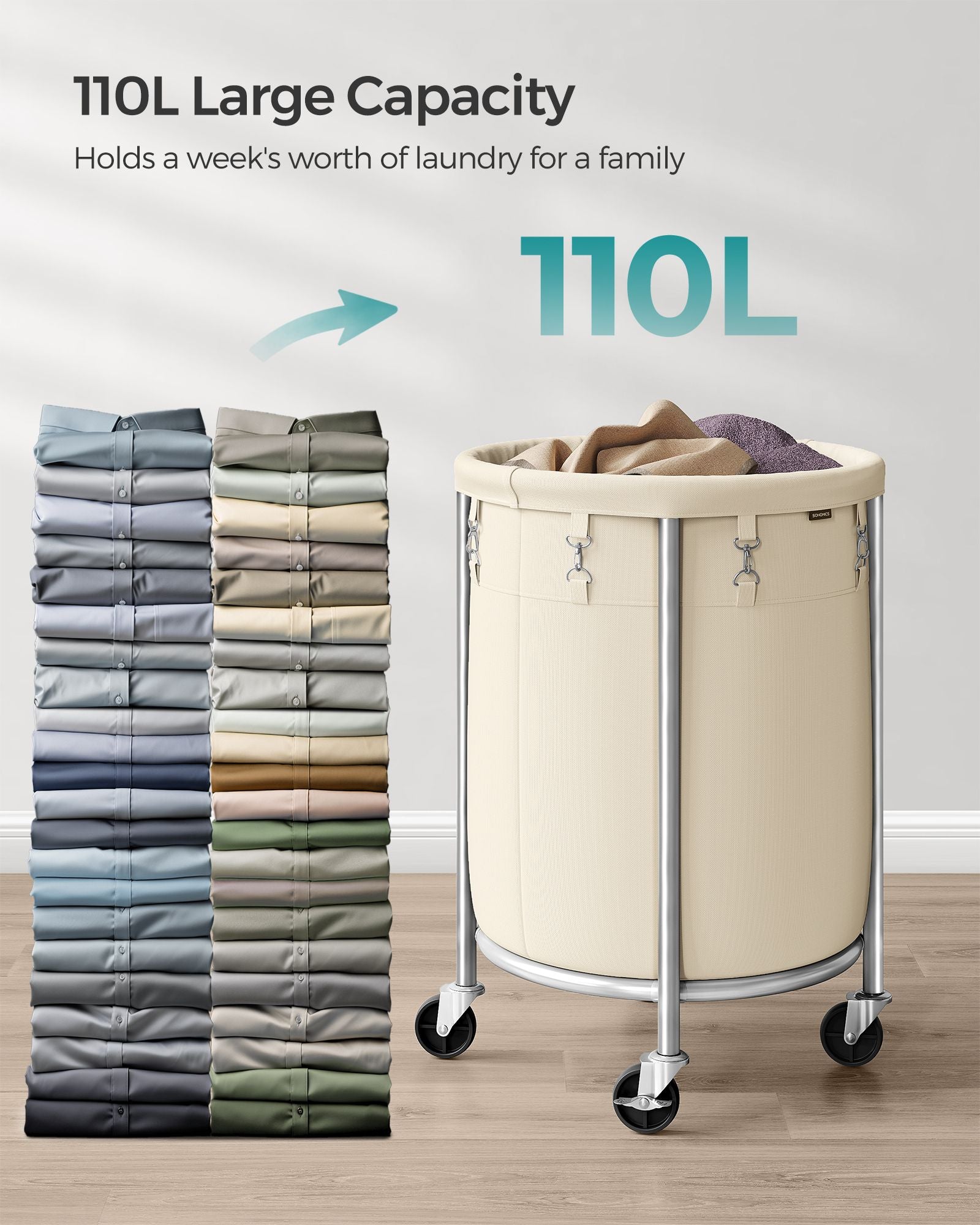 Laundry Trolley - Steel Frame - Gray - 110L Capacity with Removable Bag and Wheels