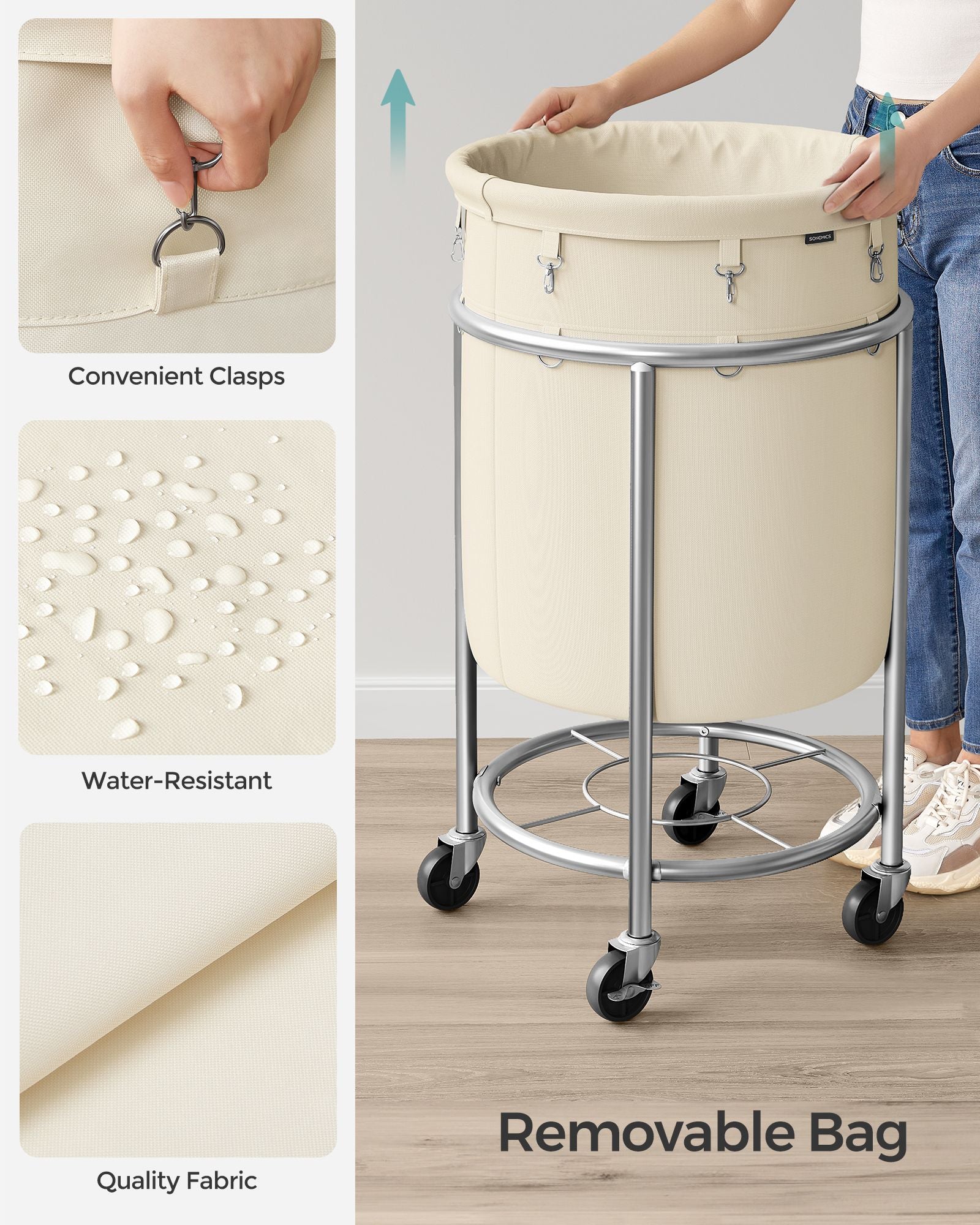 Laundry Trolley - Steel Frame - Gray - 110L Capacity with Removable Bag and Wheels