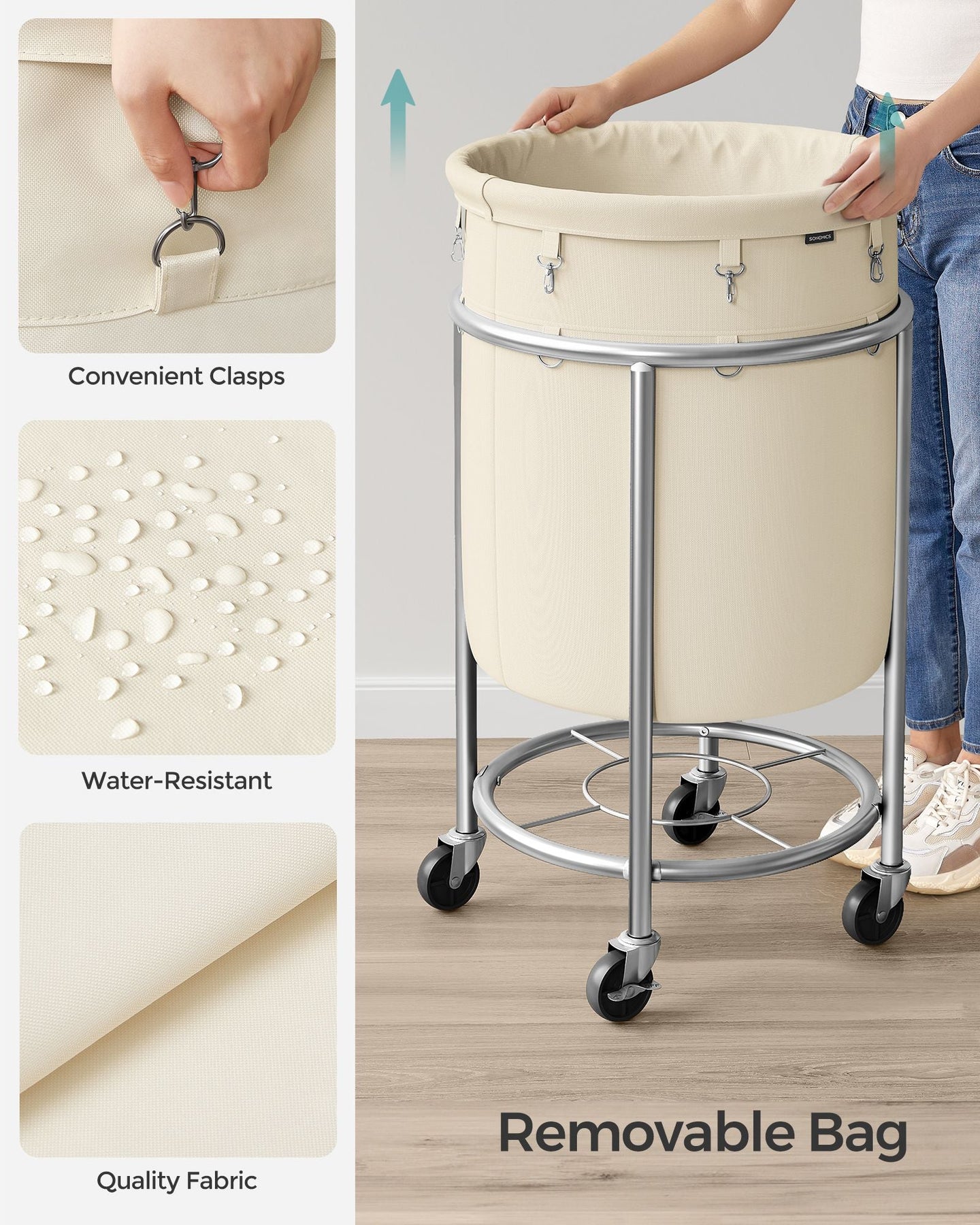Laundry Trolley - Steel Frame - Gray - 110L Capacity with Removable Bag and Wheels