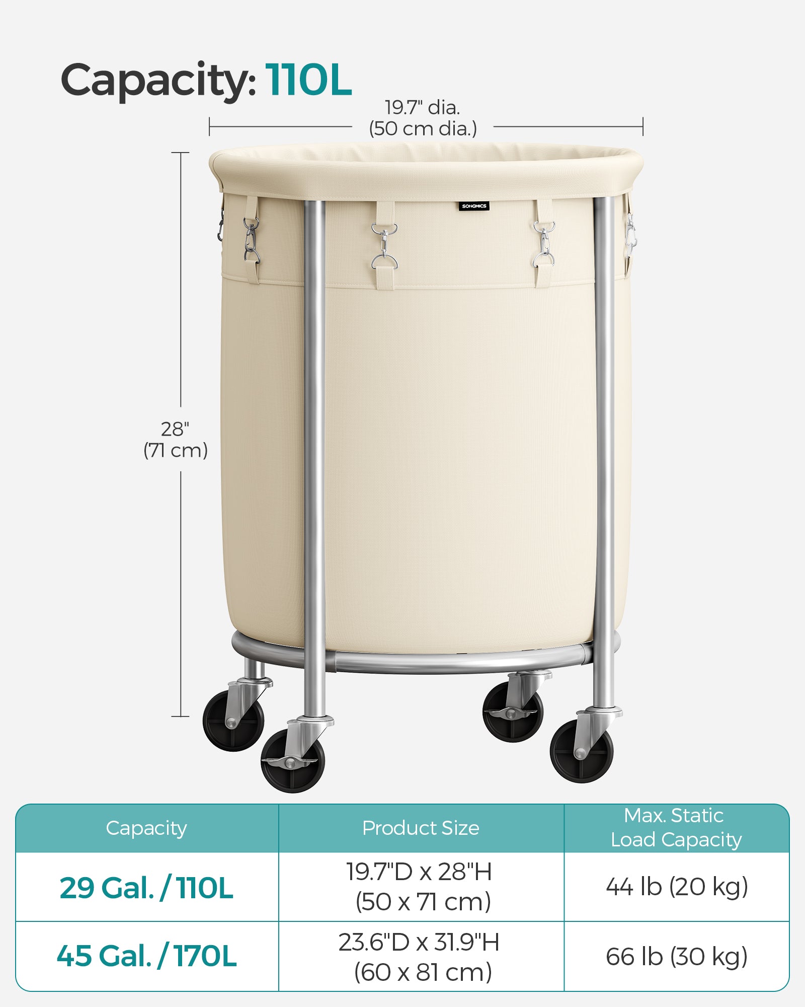 Laundry Trolley - Steel Frame - Gray - 110L Capacity with Removable Bag and Wheels